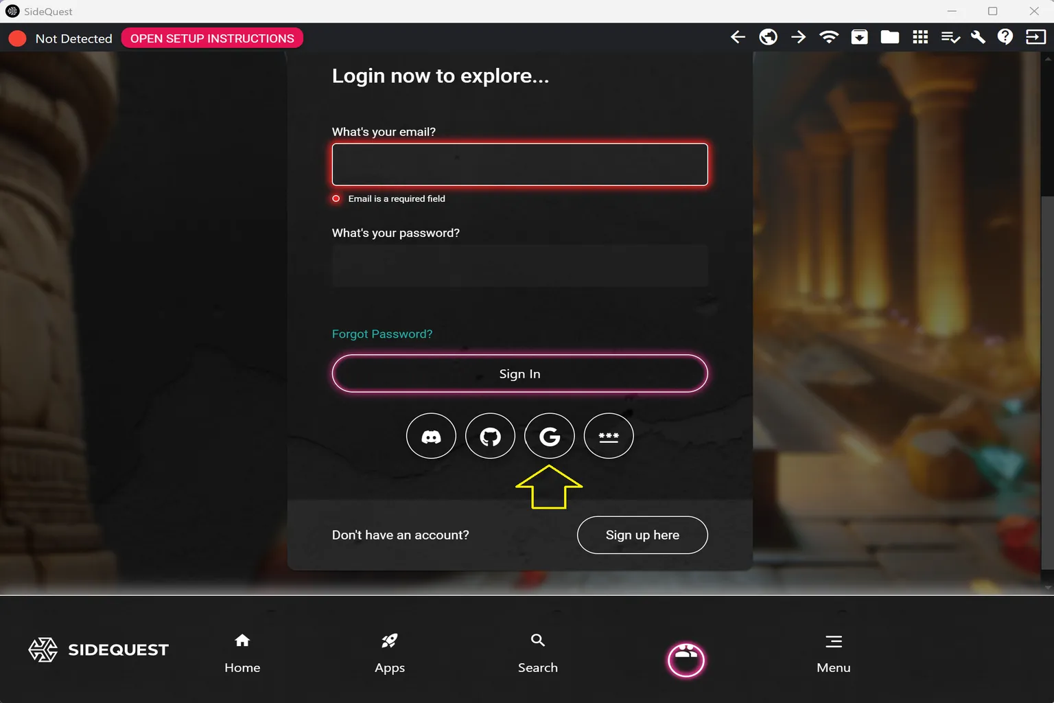 Écran de connexion SideQuest sur PC avec connexion Google indiquée