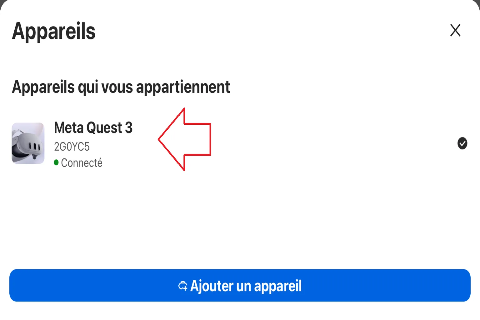 Liste des appareils associés dans l’application Meta Horizon, avec un Meta Quest 3 connecté sélectionné.