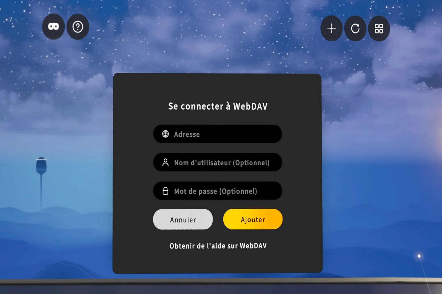 Moon VR affiche la fenêtre de connexion WebDAV avec les champs d’adresse, de nom d’utilisateur et de mot de passe.