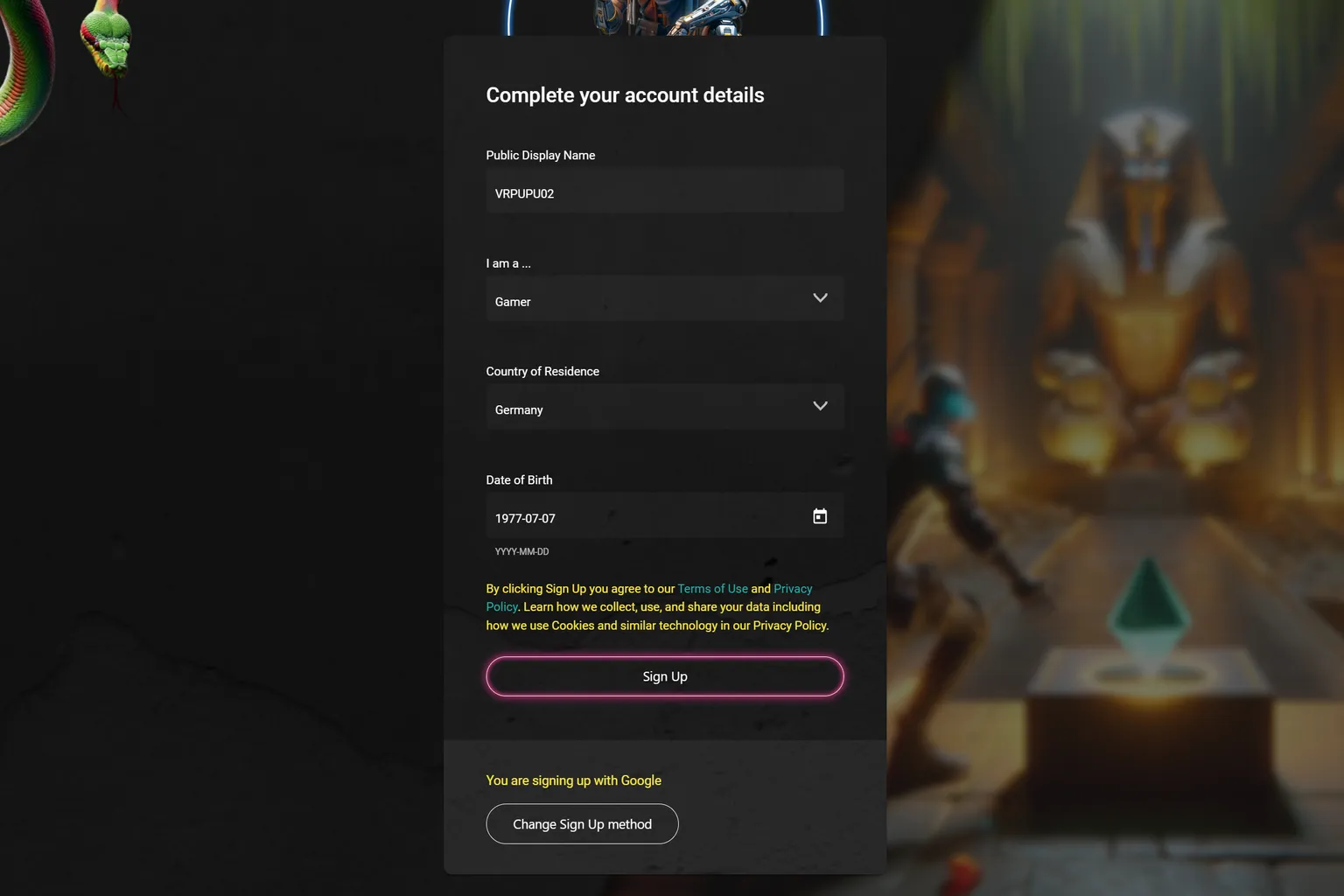 Formulaire SideQuest pour compléter le profil avec pseudo public, pays et date de naissance