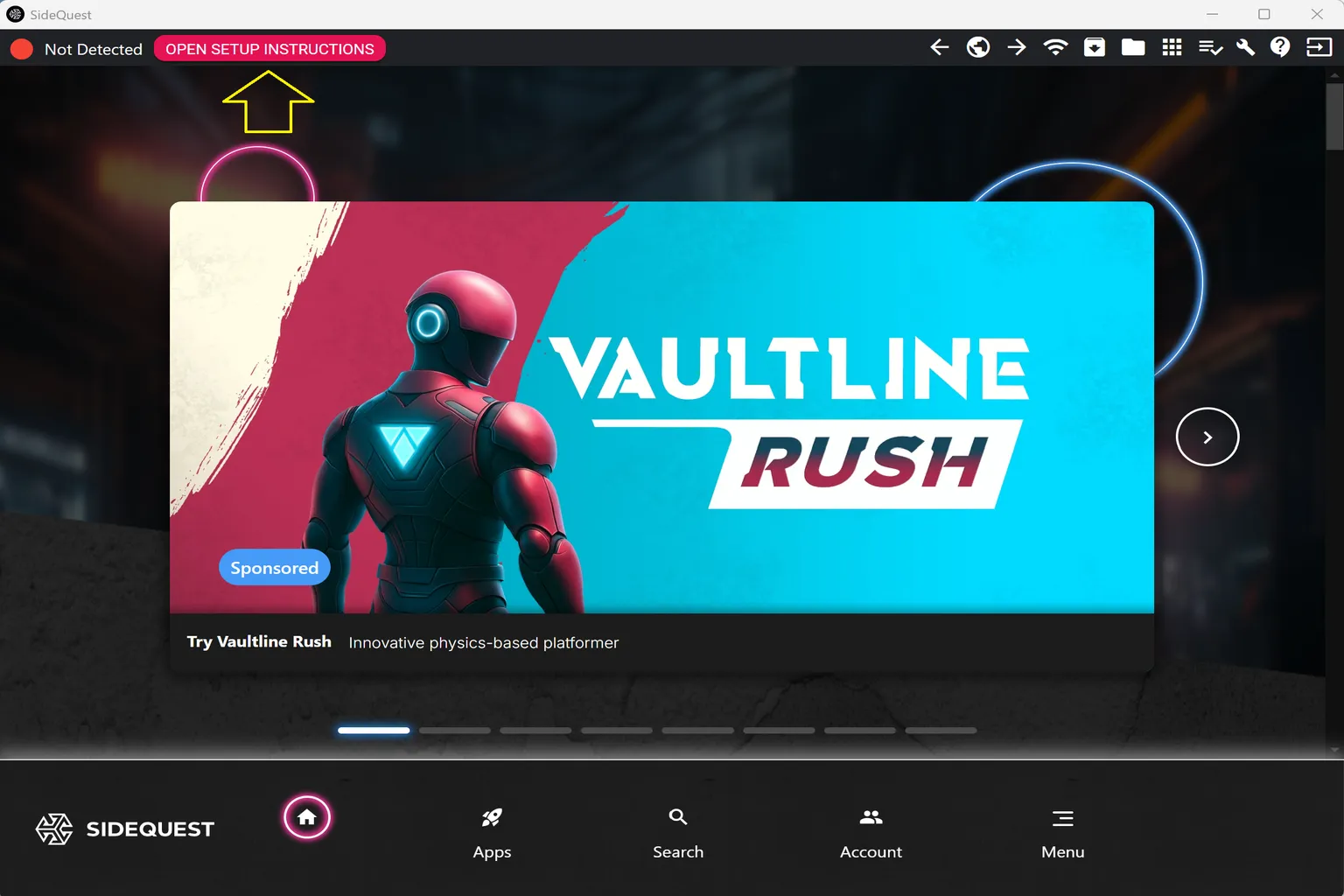 Application SideQuest indiquant que le casque n’est pas détecté et proposant les instructions de configuration