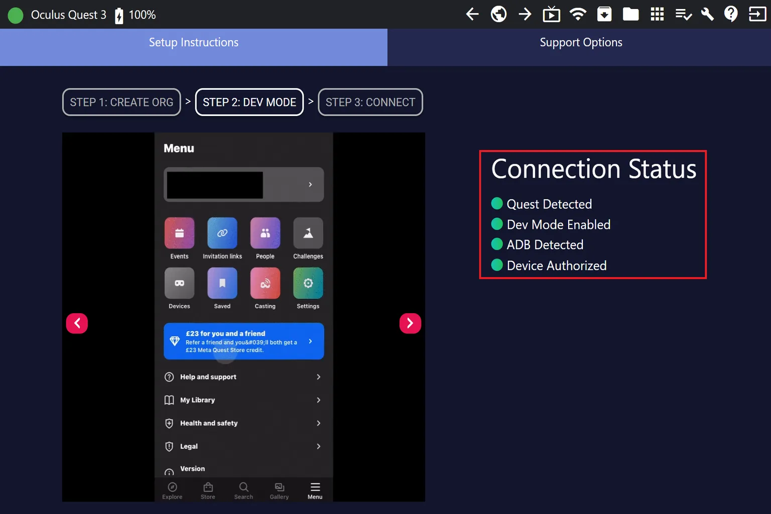 Statut SideQuest entièrement validé avec Quest détecté, mode développeur activé et appareil autorisé