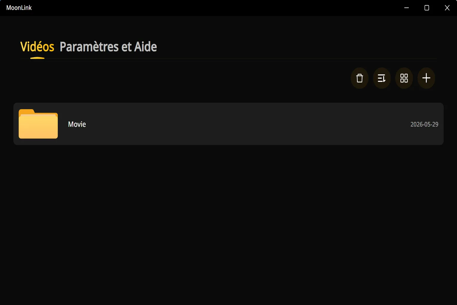 Interface vide de Moon Link sur PC invitant à cliquer ou glisser-déposer des fichiers et dossiers vidéo pour commencer.
