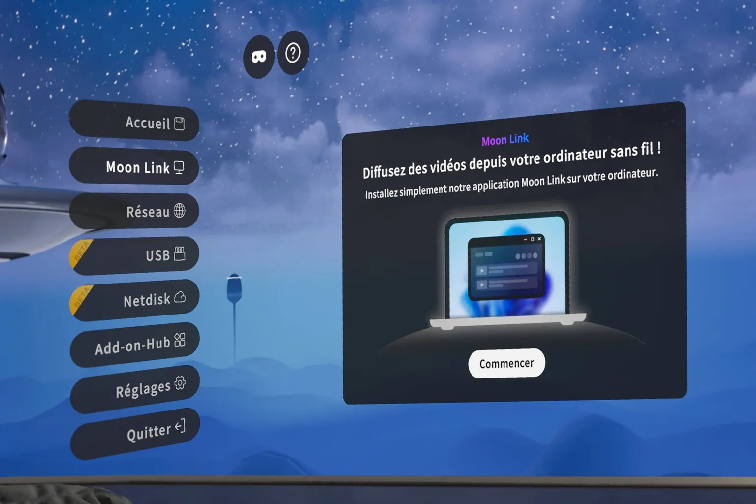 Guide Moon Link affiché dans Moon VR, expliquant comment diffuser des vidéos sans fil depuis un ordinateur.
