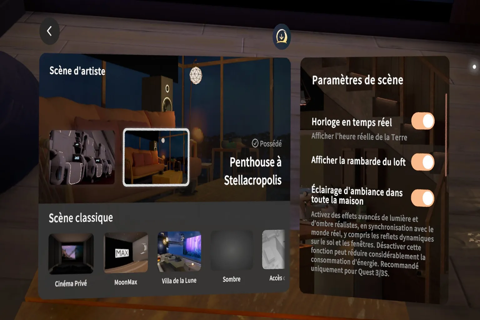 Moon VR affiche le menu des scènes avec un penthouse, des cinémas virtuels et les réglages d’ambiance.