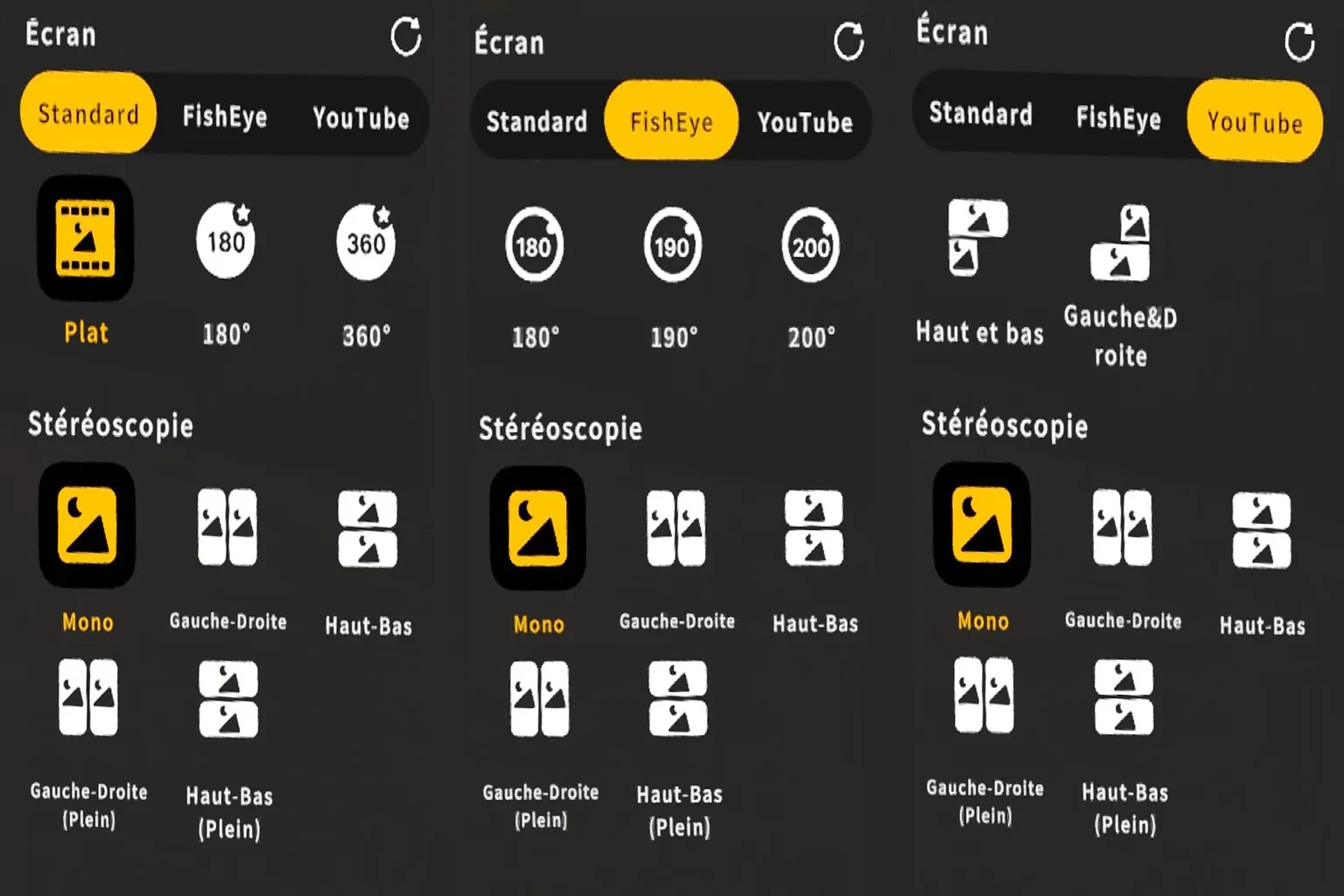 Moon VR montre les modes d’affichage vidéo standard, fisheye et YouTube, avec les options 180°, 360° et 3D.