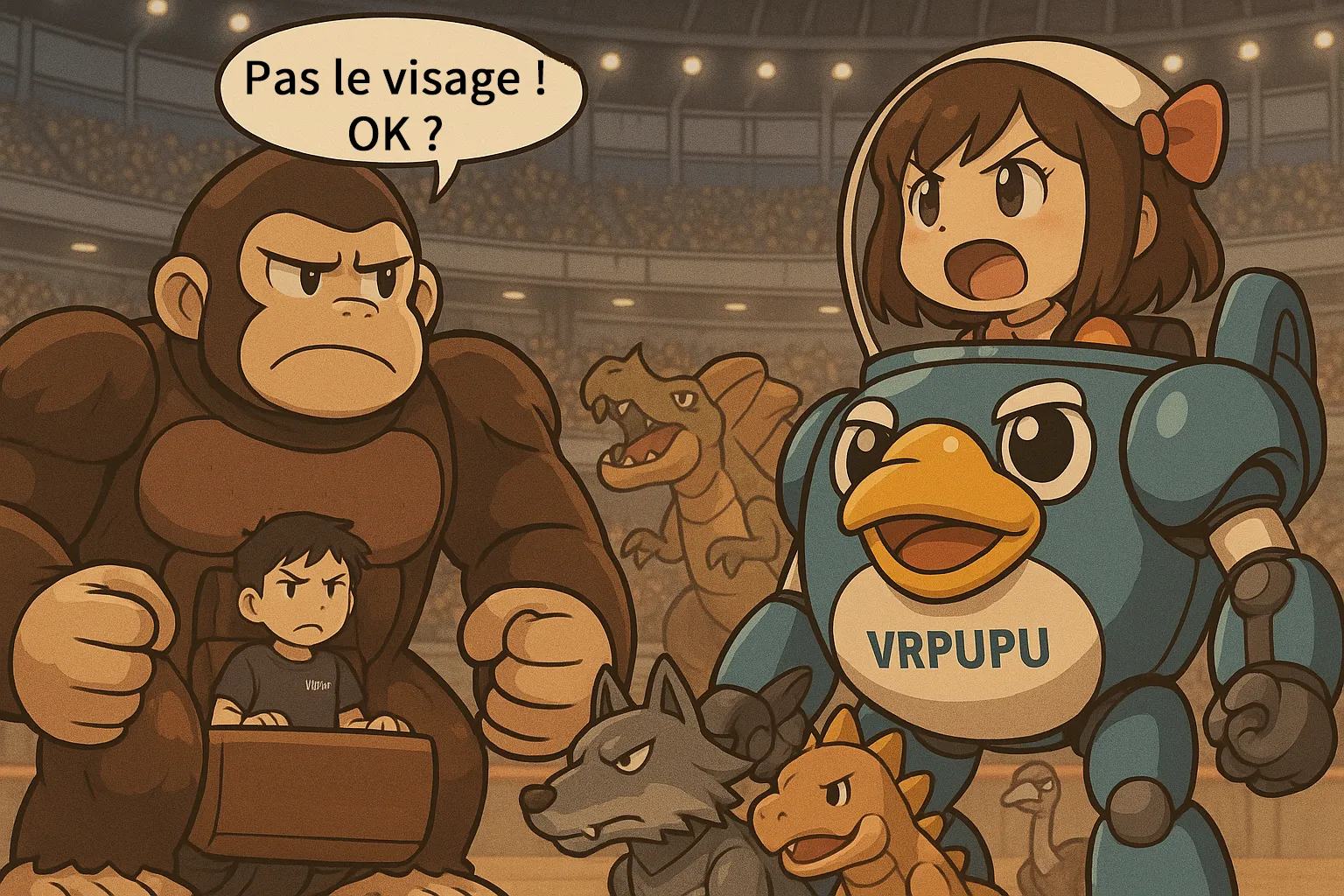 MengMeng pilots the VRPUPU mech in a furious showdown against GuGu’s gorilla-armored team, shouting, “You don’t have to hold back!” as the mech arena erupts with chaos and excitement.