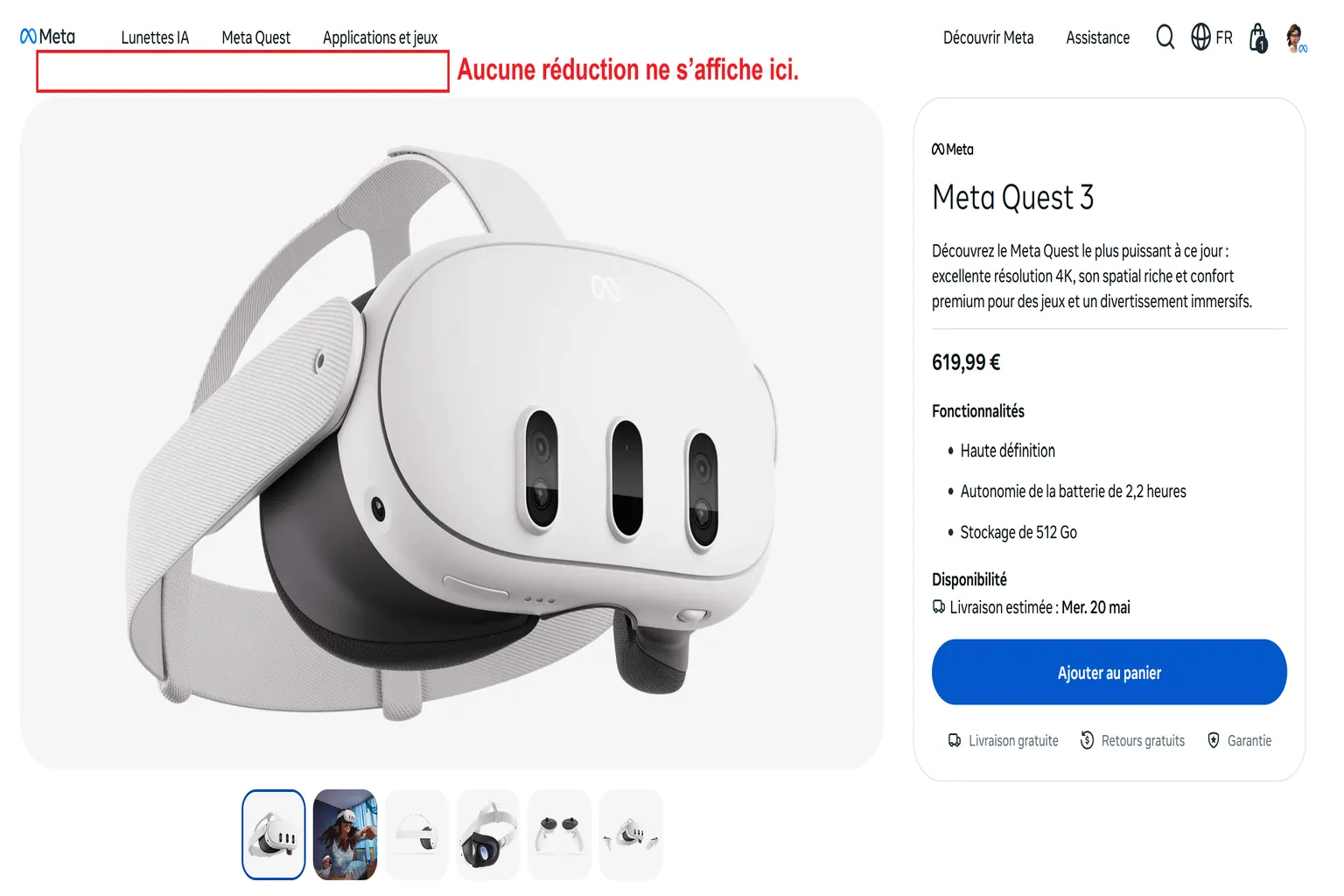 Page produit Meta Quest 3 sans bannière de crédit Quest Cash affichée sur le Meta Store français