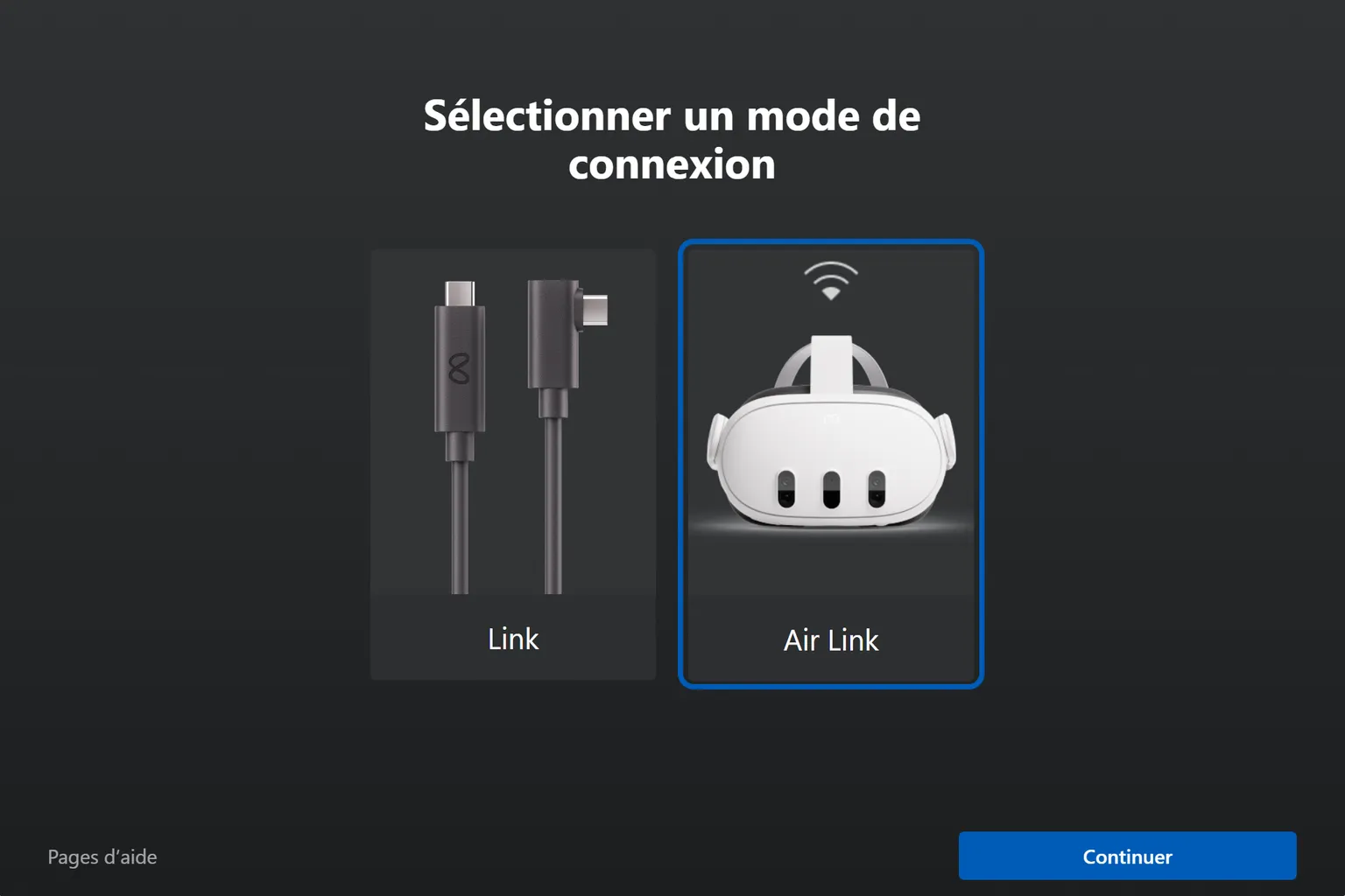 Écran de sélection du mode de connexion avec l’option sans fil Air Link mise en surbrillance.