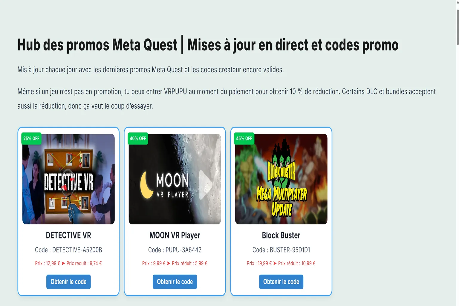Hub des promotions Meta Quest affichant plusieurs jeux avec leurs codes de réduction et leurs prix remisés.