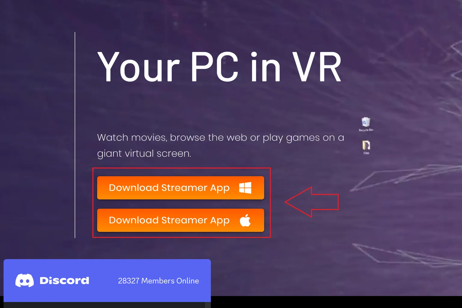 Page de téléchargement de Virtual Desktop avec les boutons Download Streamer App pour Windows et macOS