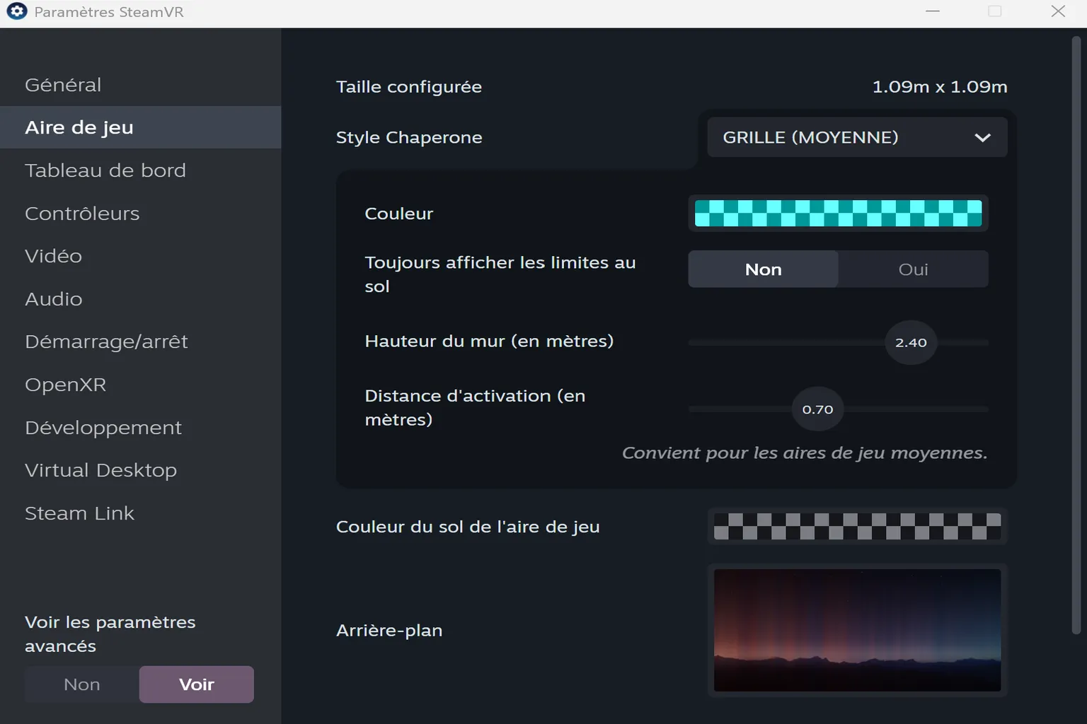 Paramètres de l’aire de jeu SteamVR permettant de régler le style Chaperone, les couleurs et la distance d’activation des limites.