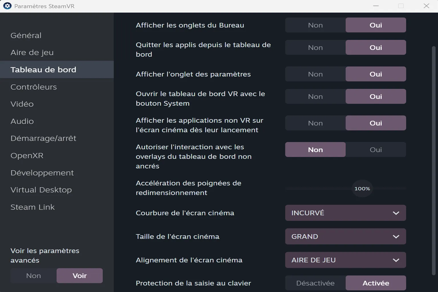 Paramètres du tableau de bord SteamVR avec les options d’affichage, d’interaction et de personnalisation de l’écran cinéma.