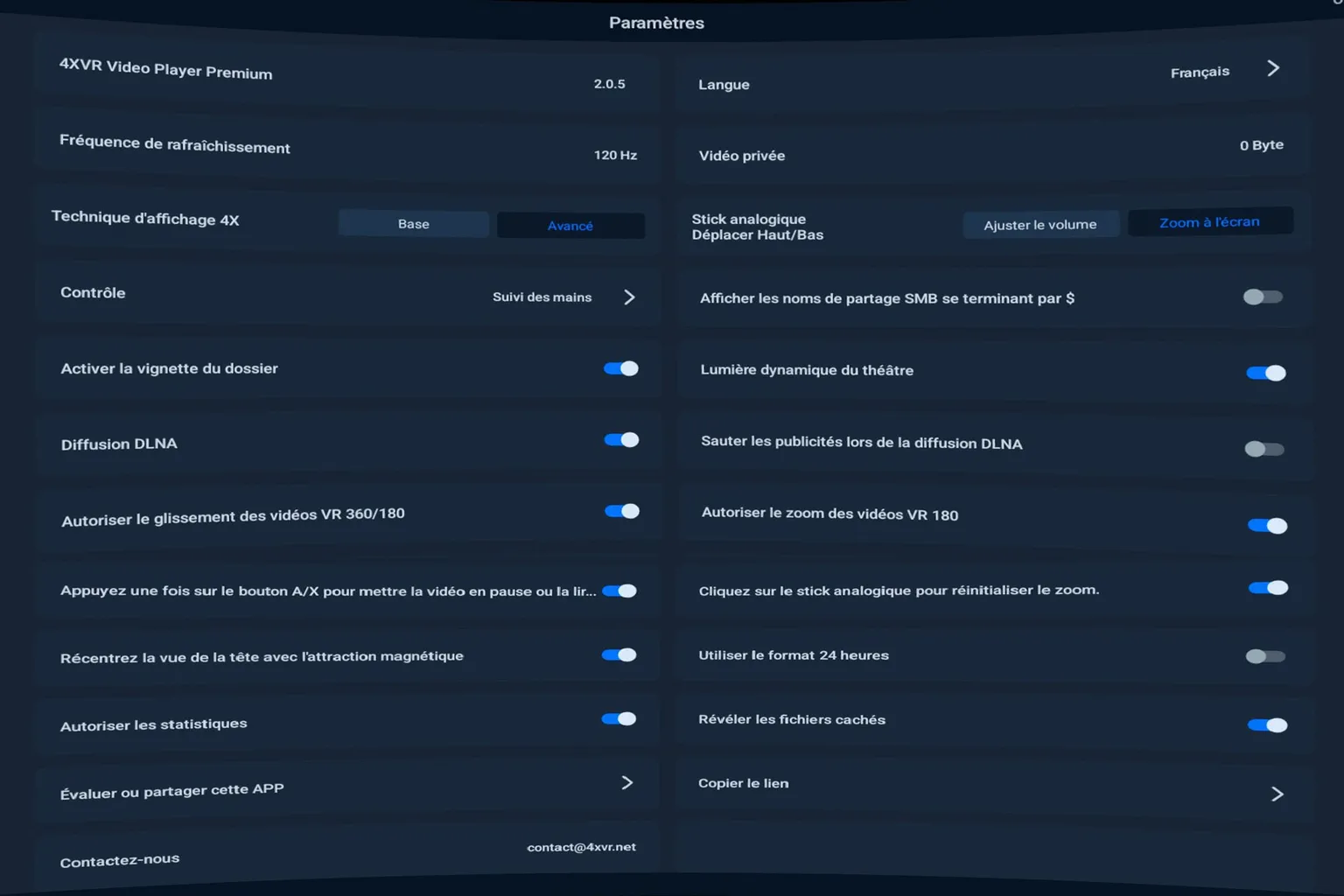 Paramètres 4XVR Video Player Premium avec options de lecture et d’affichage