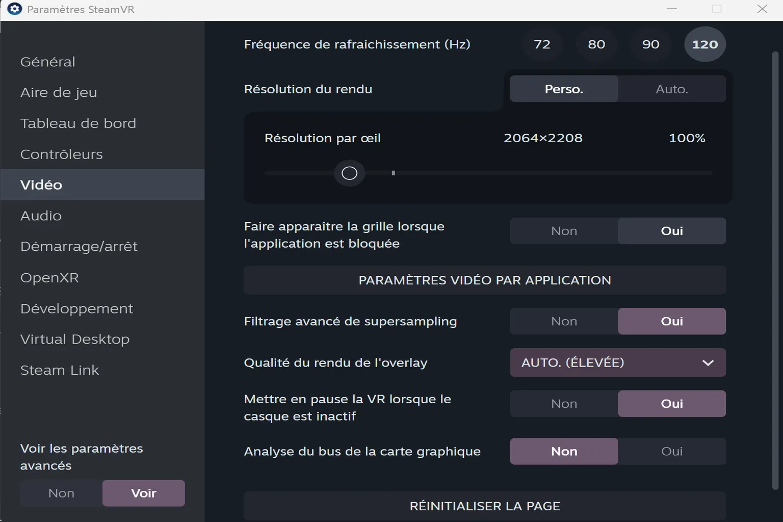 Paramètres vidéo de SteamVR avec la résolution par œil, le supersampling et les options de qualité du rendu.