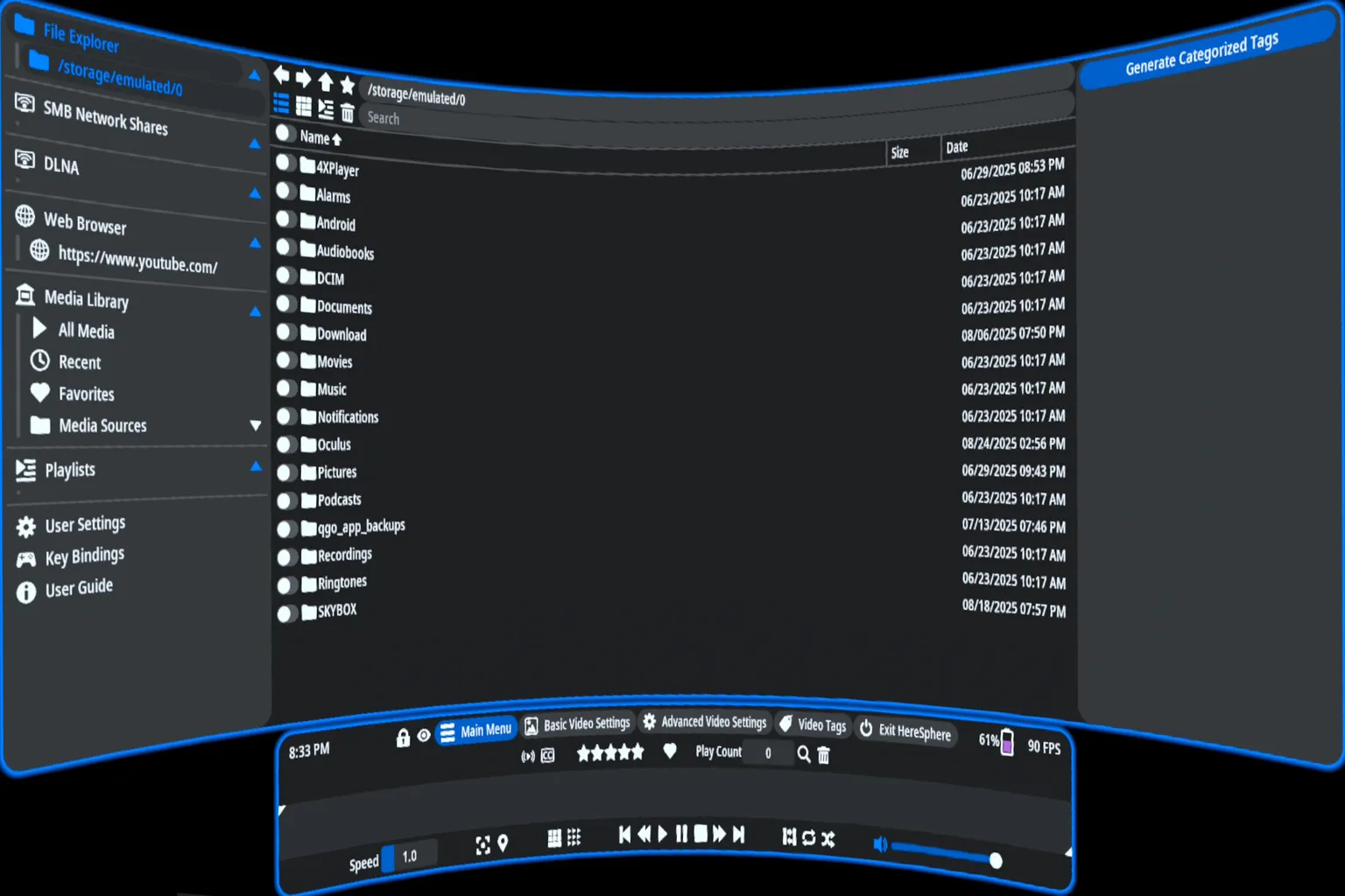 Navigateur de fichiers HereSphere avec dossiers locaux et partages réseau SMB