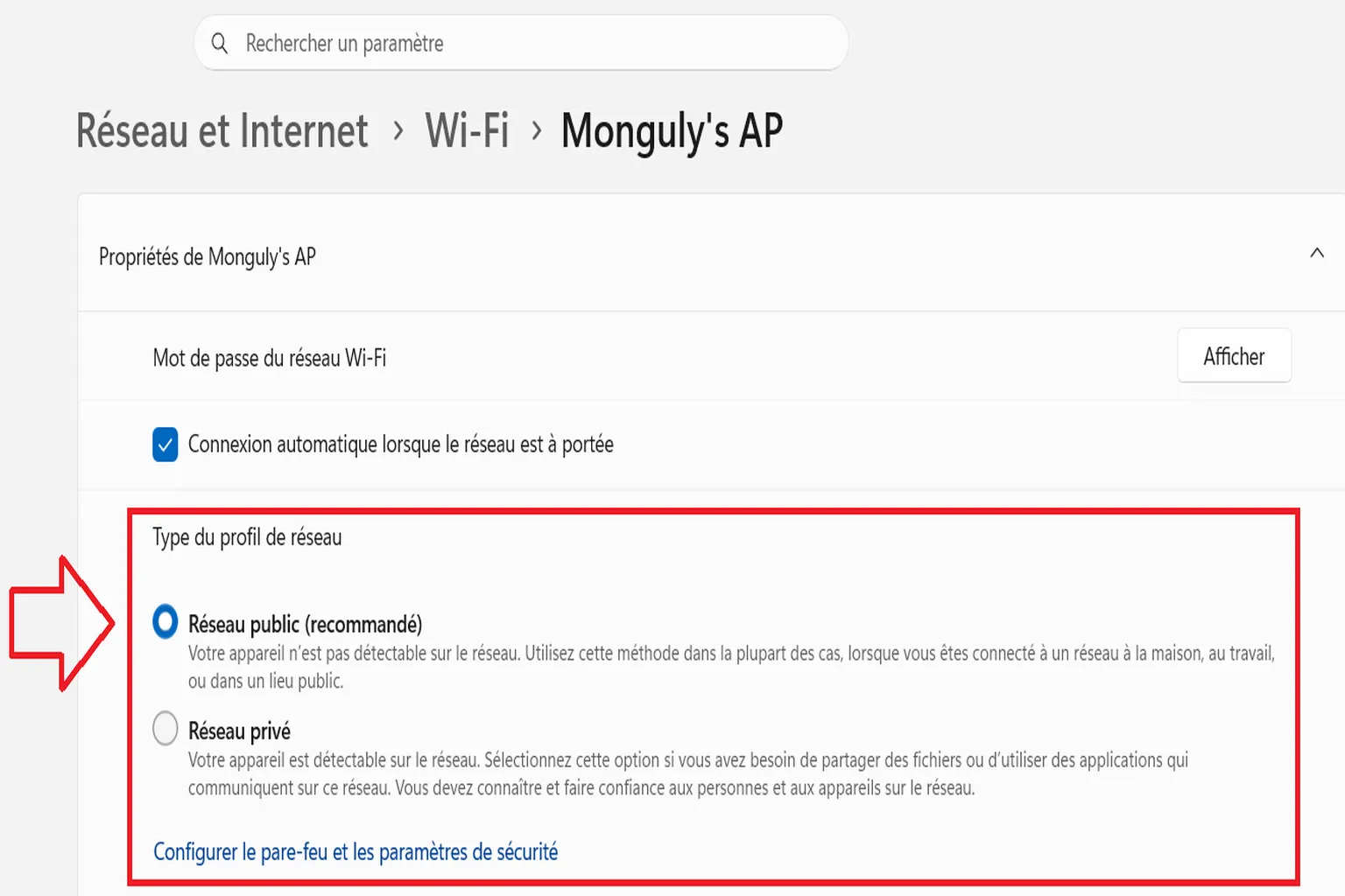 Propriétés Wi-Fi Windows avec le profil Réseau public sélectionné
