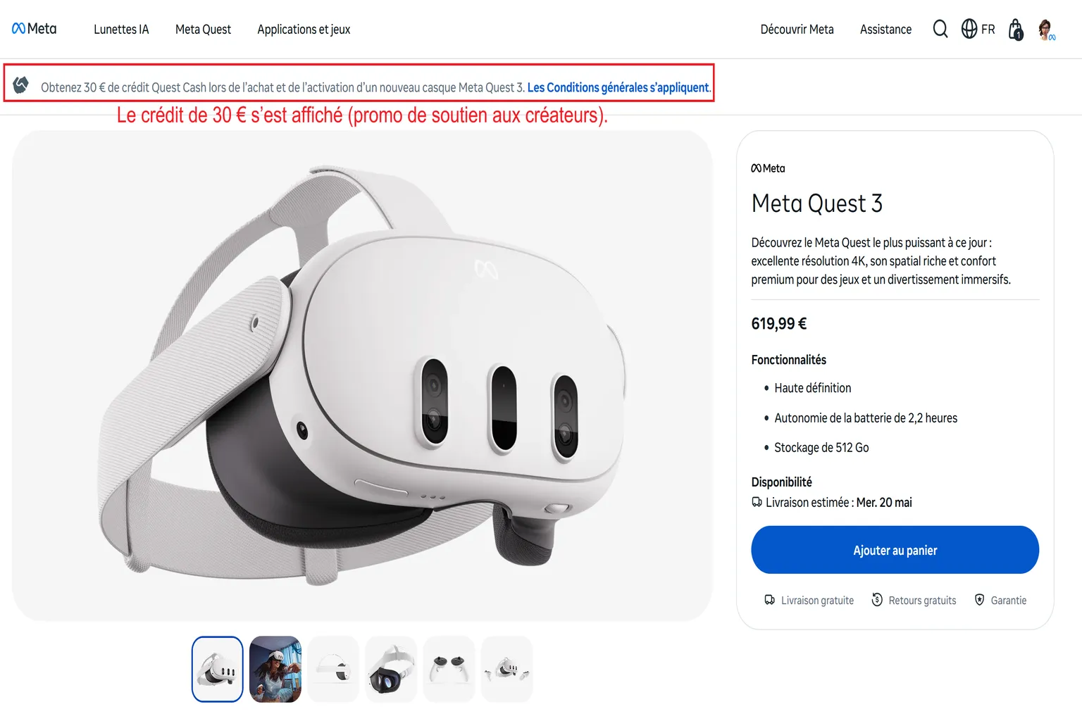 Page produit Meta Quest 3 avec bannière indiquant 30 € de crédit Quest Cash sur le Meta Store