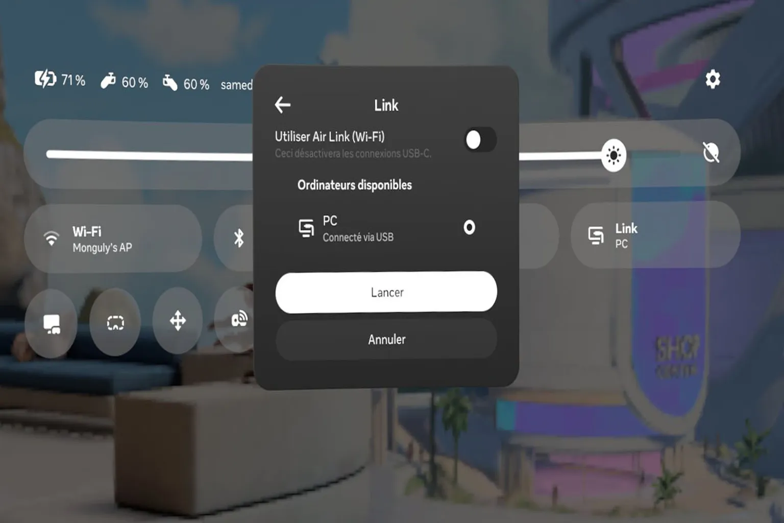 Menu Link du Meta Quest permettant d’activer l’option « Utiliser Air Link (Wi-Fi) ».