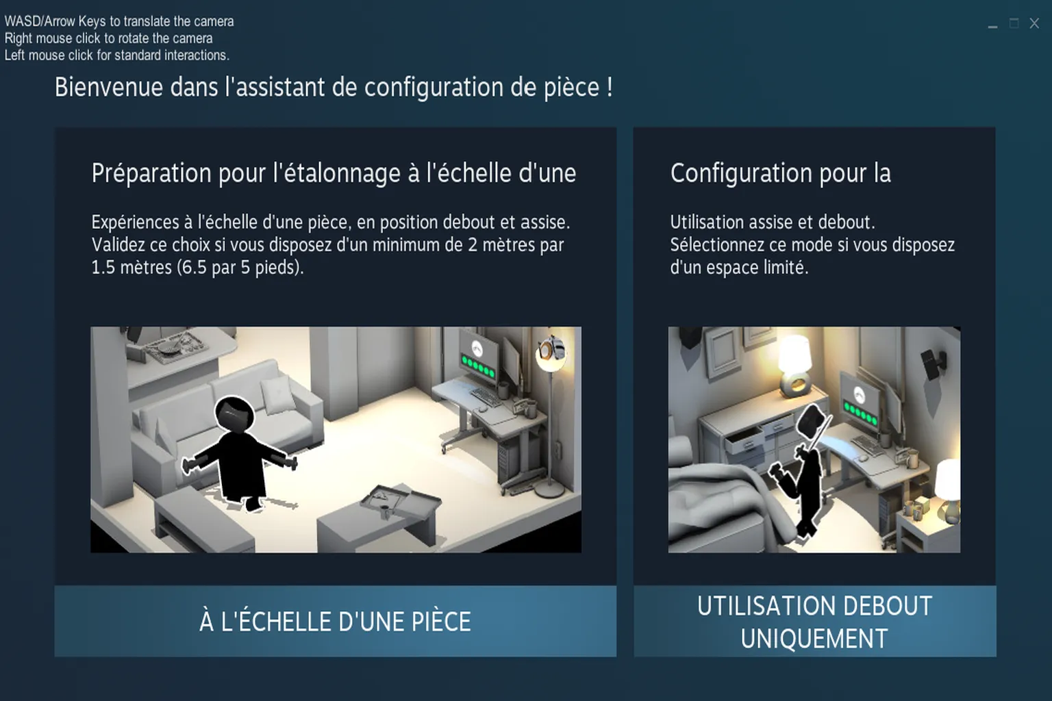 Assistant de configuration de la pièce SteamVR permettant de choisir entre une aire de jeu à l’échelle d’une pièce et une utilisation debout.