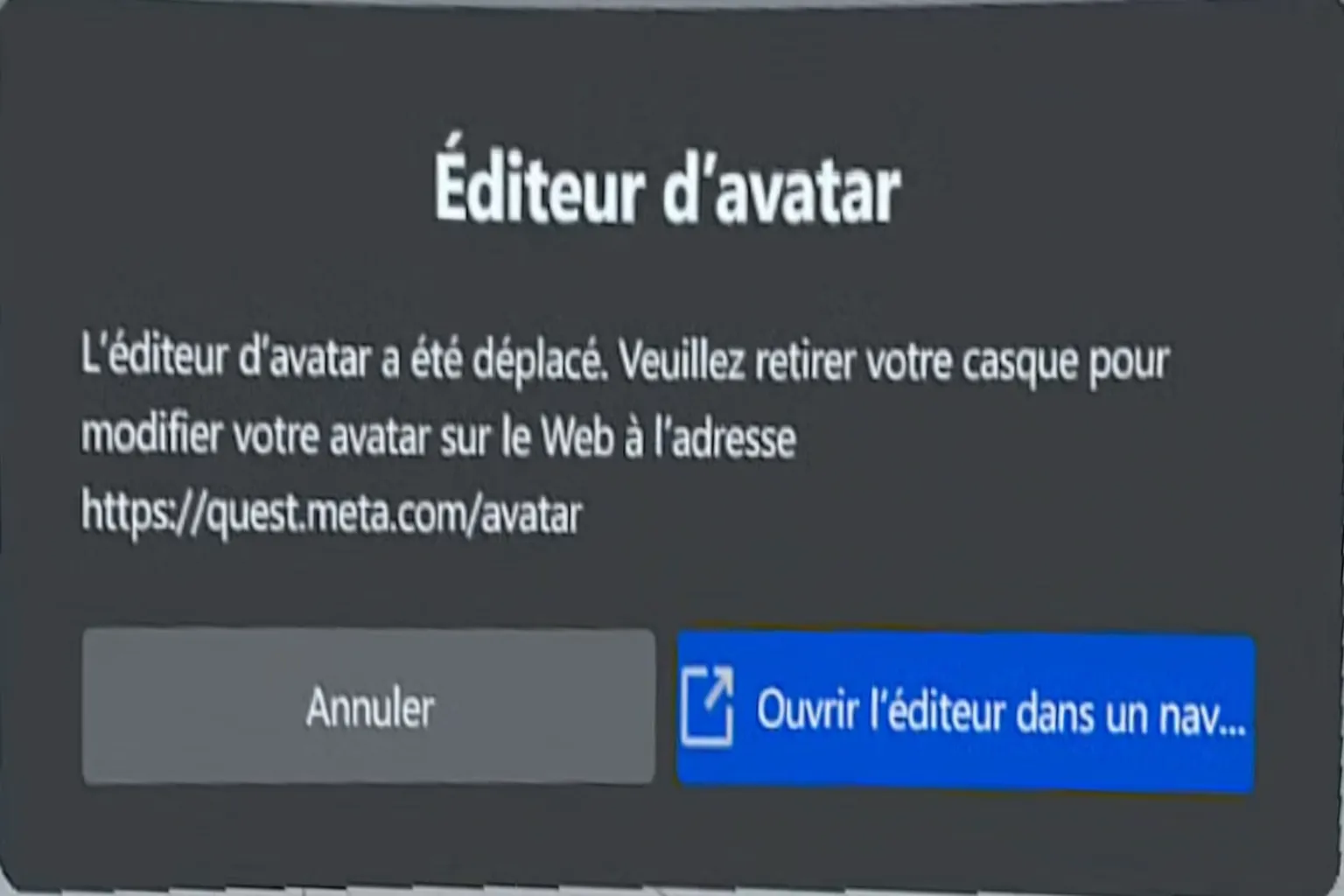 Fenêtre de l’éditeur d’avatar indiquant que la modification doit désormais être effectuée dans un navigateur Web.