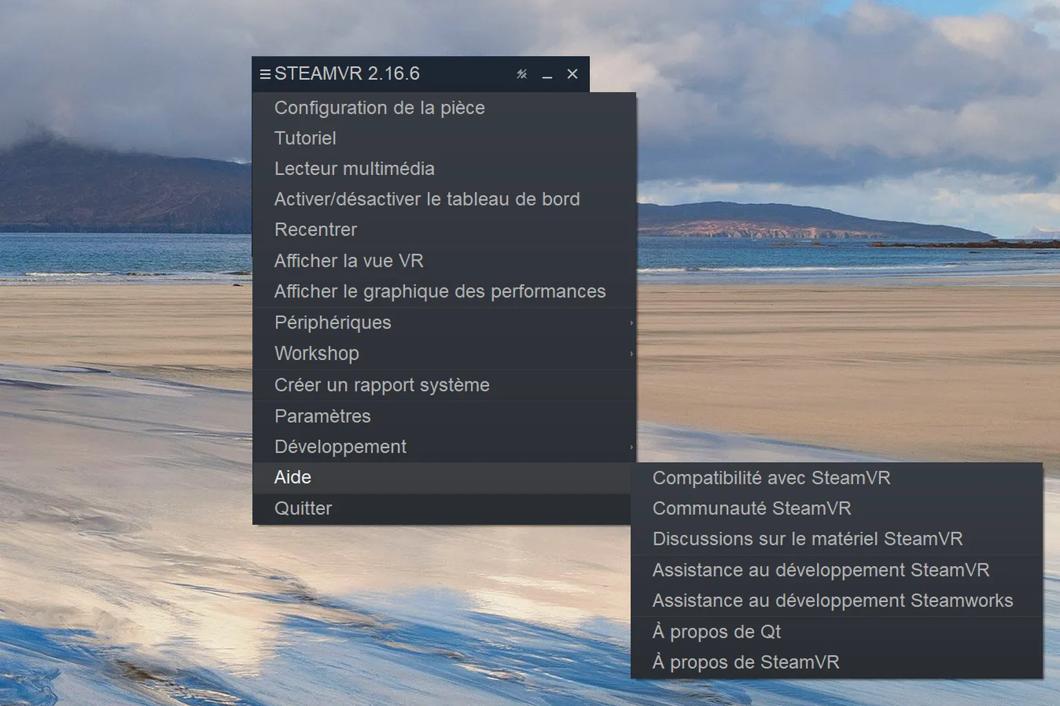 Sous-menu Aide de SteamVR avec les liens vers la compatibilité, la communauté et l’assistance au développement.