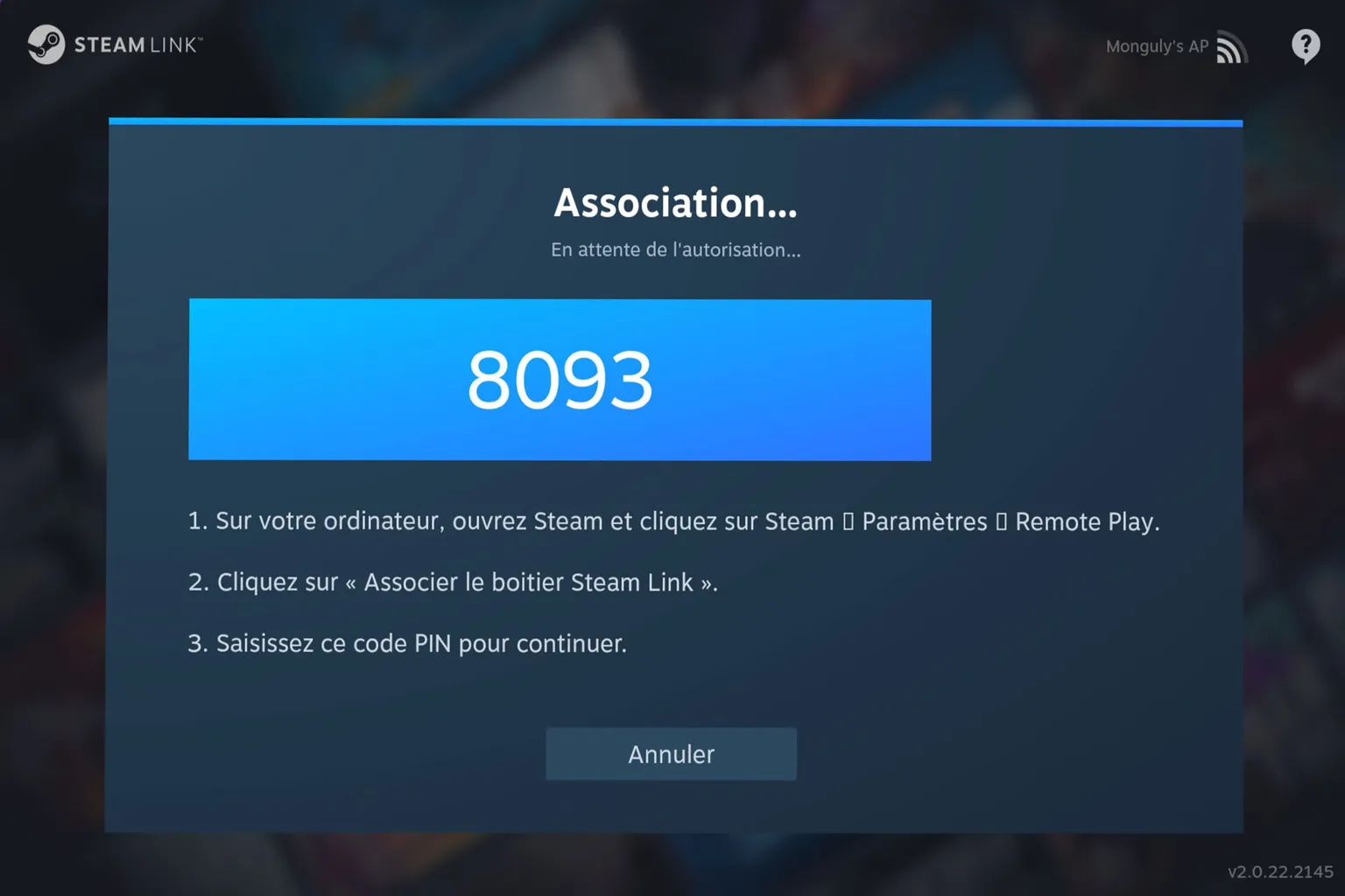 Code PIN affiché dans Steam Link pour associer le Meta Quest à un ordinateur.