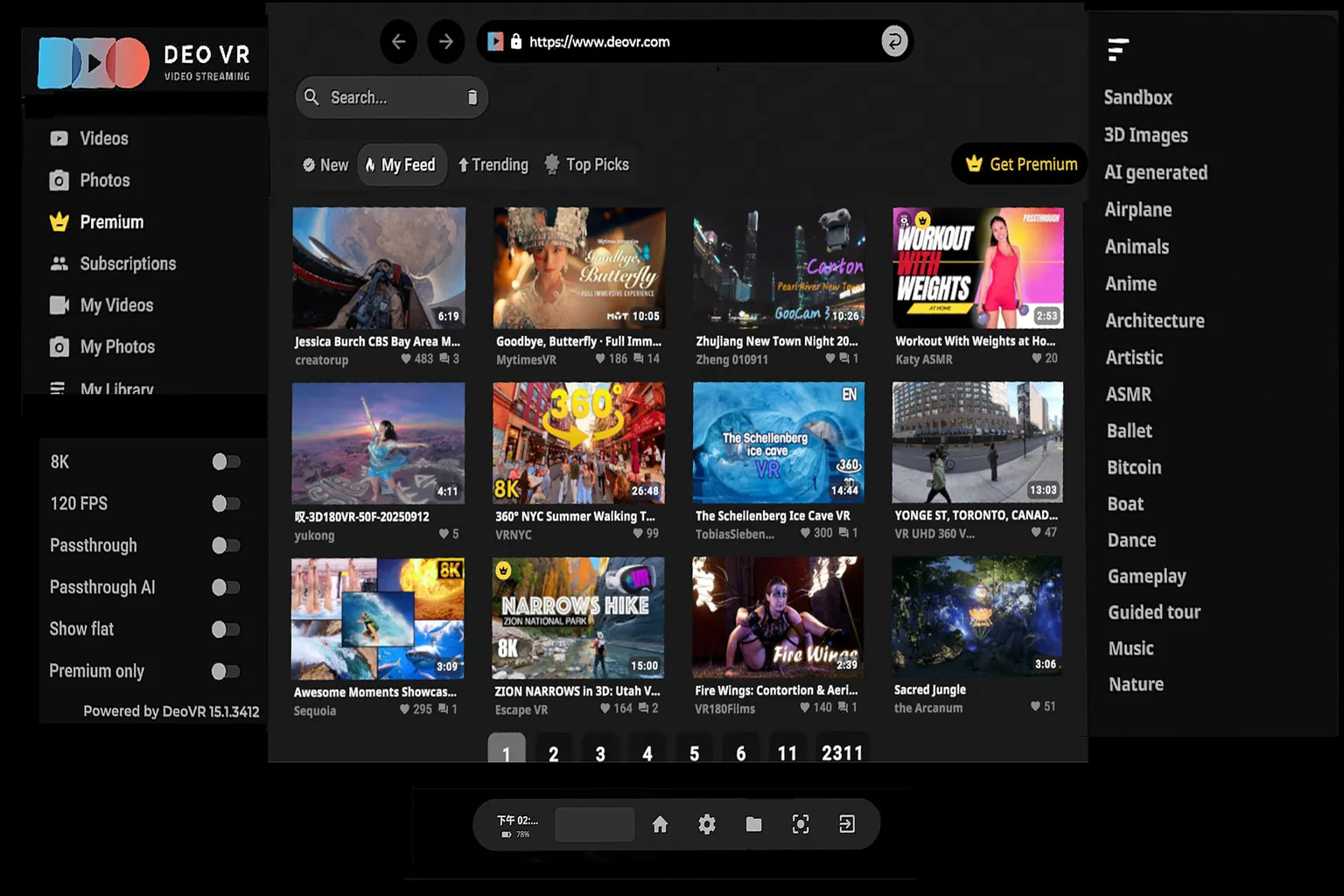 Interface DeoVR avec flux de vidéos, catégories et filtres VR