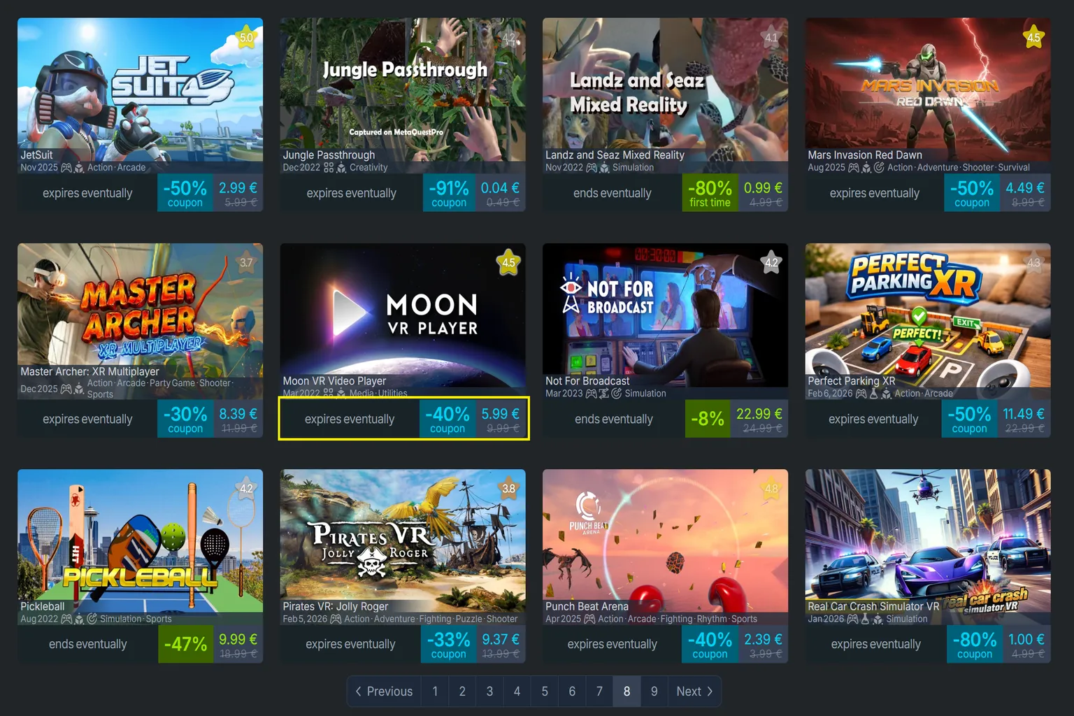Page des coupons Meta Quest mettant en évidence MOON VR Player avec une réduction de 40 % et un prix de 5,99 €.