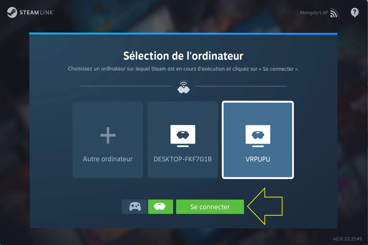 Sélection du PC VRPUPU dans Steam Link sur Meta Quest avant d’appuyer sur Se connecter.
