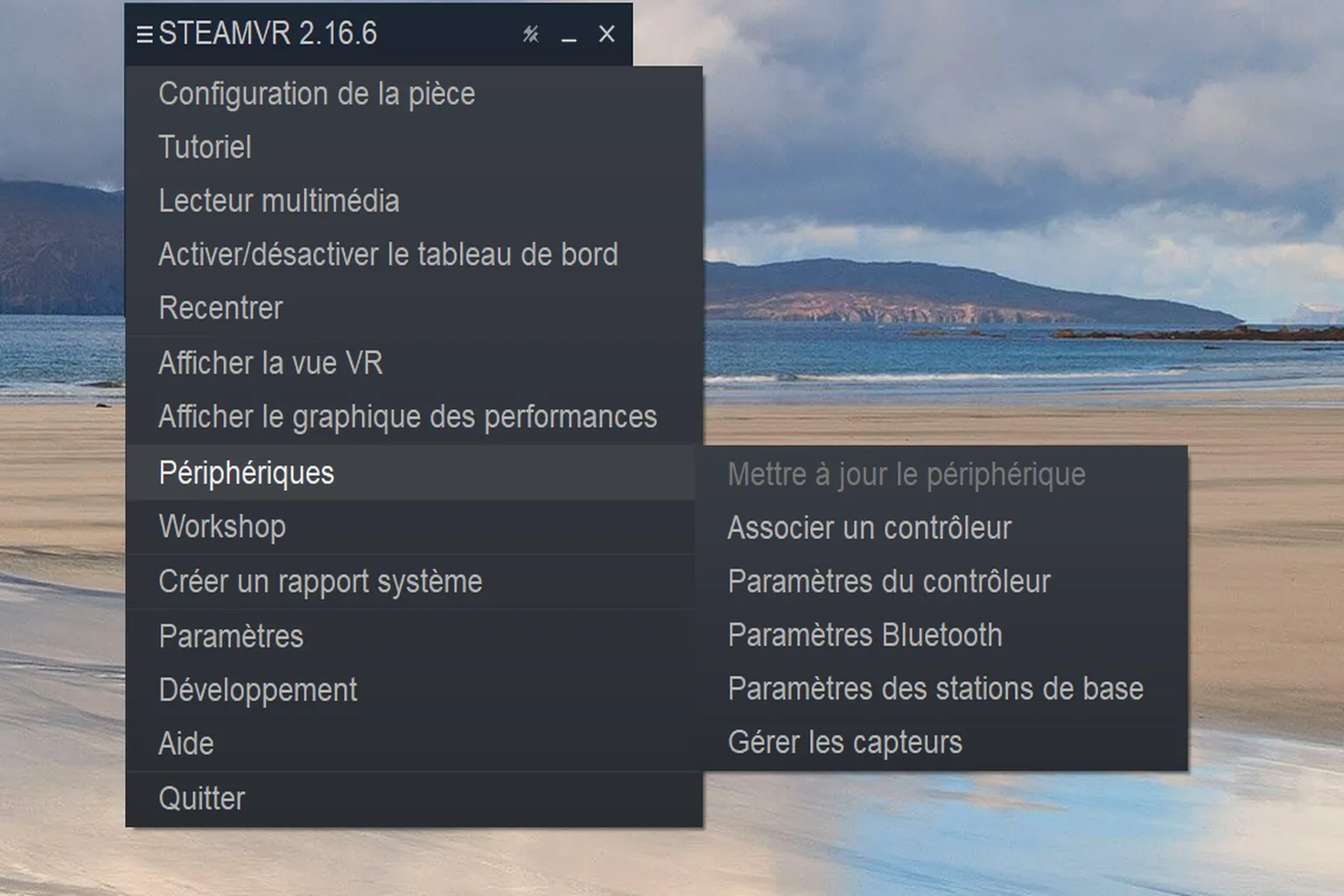 Sous-menu Périphériques de SteamVR avec les options de contrôleur, Bluetooth, stations de base et capteurs.