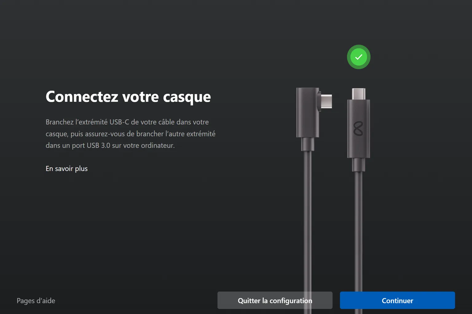 Étape de configuration demandant de connecter le casque Meta Quest au PC avec un câble USB-C compatible USB 3.0.
