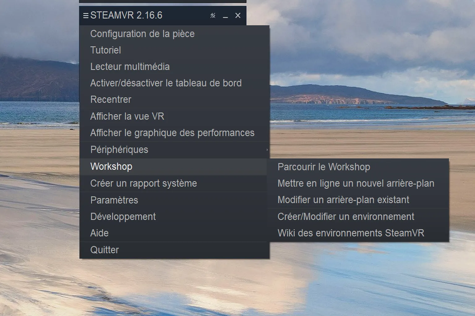 Sous-menu Workshop de SteamVR proposant de parcourir les contenus et de modifier les arrière-plans et environnements.
