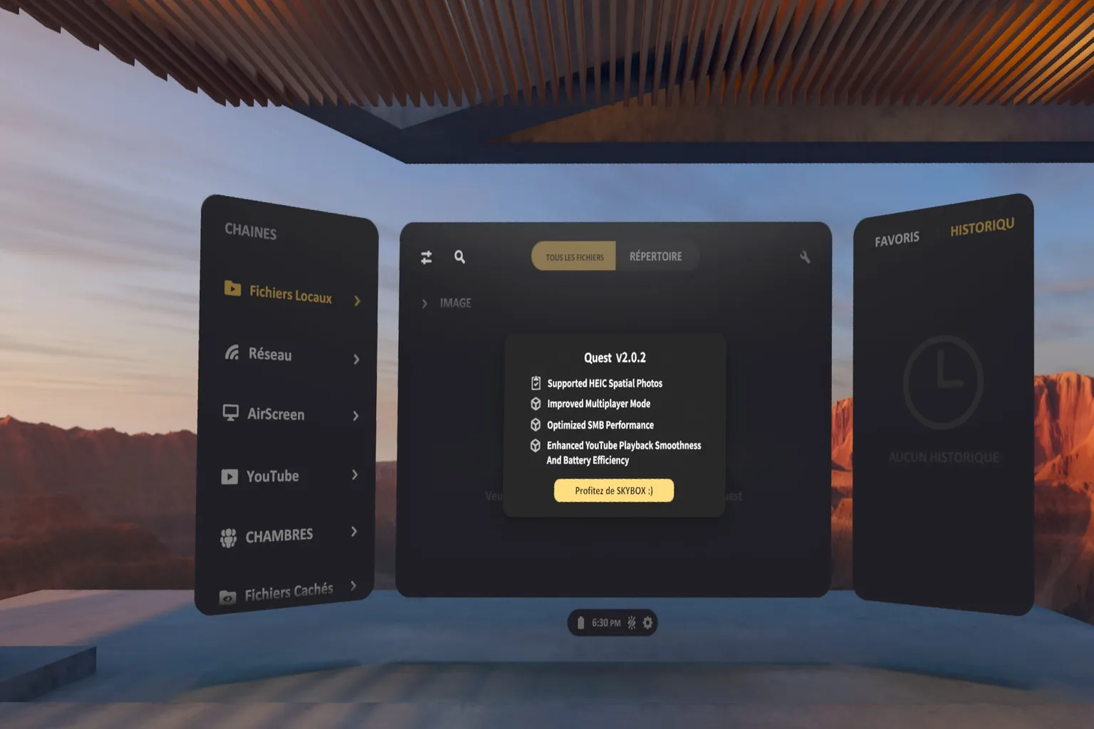 Interface SKYBOX VR Player avec navigateur de fichiers et menu principal