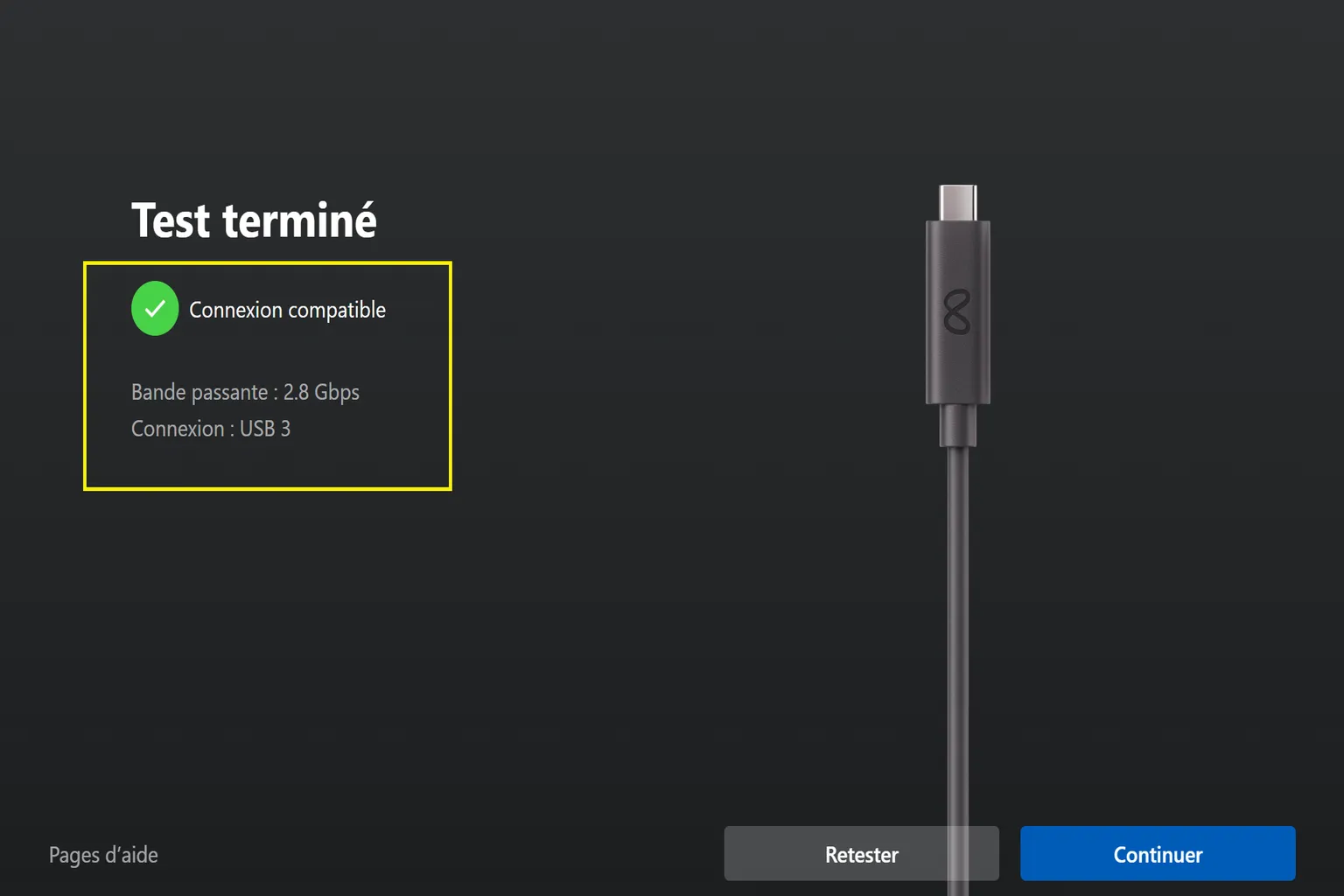 Résultat réussi du test Quest Link indiquant une connexion USB 3 compatible à 2,8 Gbit/s.
