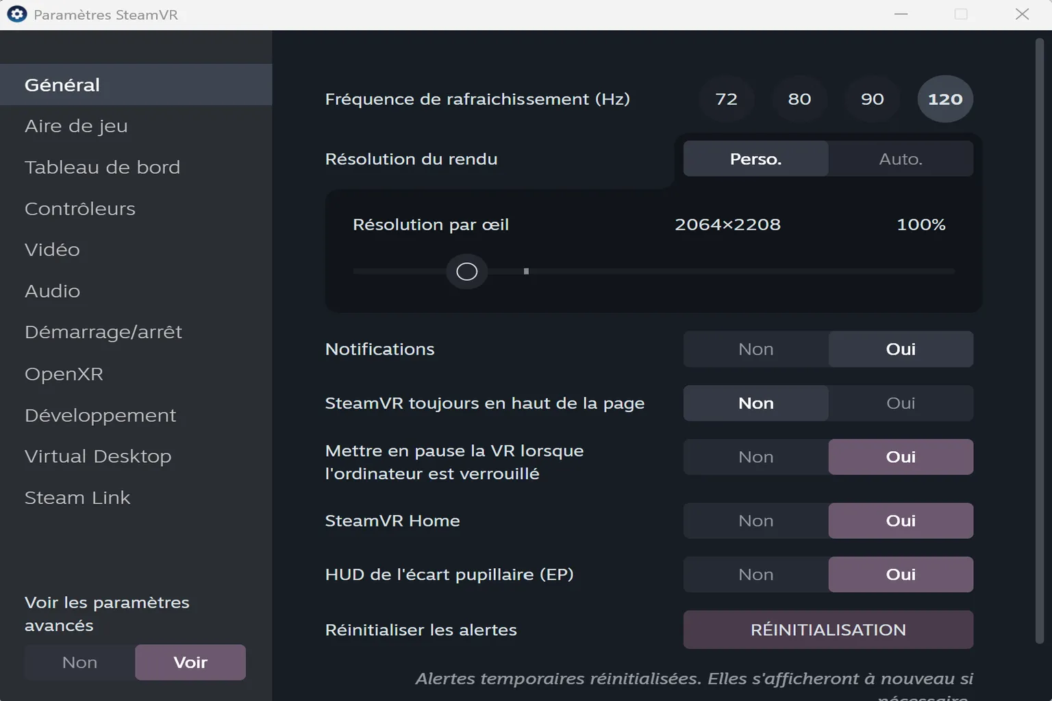 Paramètres généraux de SteamVR avec la fréquence de rafraîchissement, la résolution de rendu et les options de SteamVR Home.