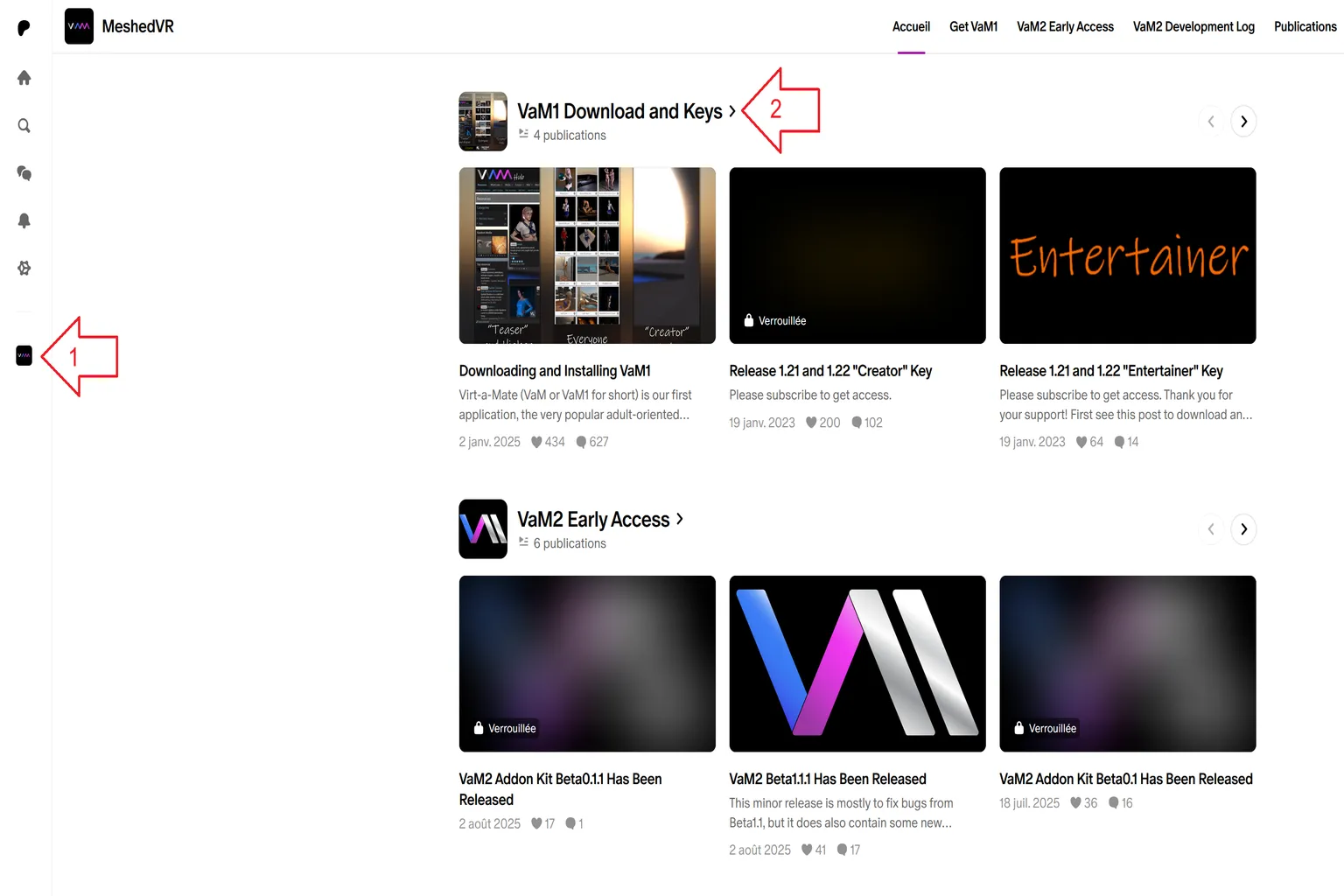 Page Patreon MeshedVR avec section VaM1 Download and Keys indiquée