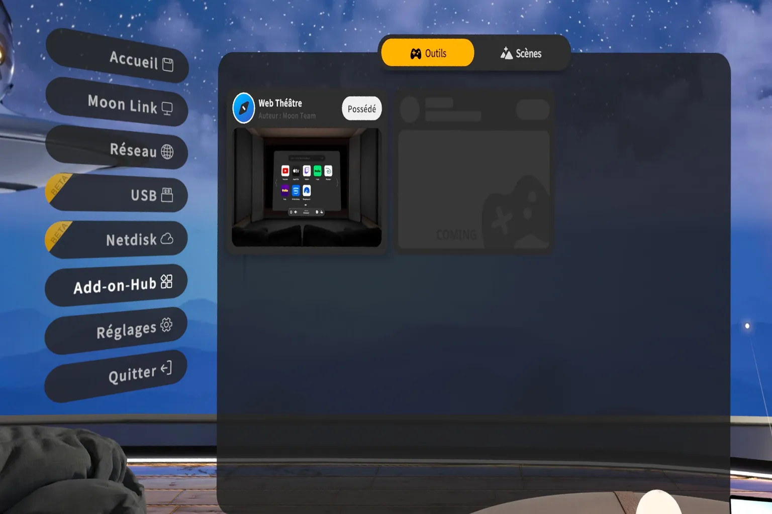 Centre d’extensions de Moon VR affichant Web Théâtre dans l’onglet Outils.