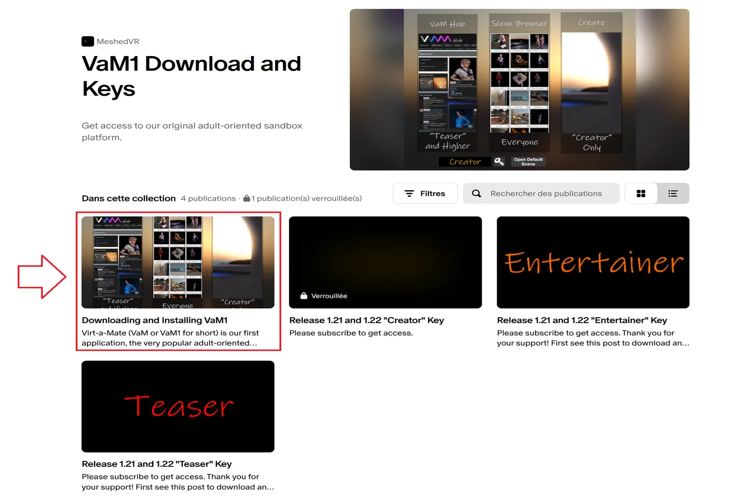 Collection VaM1 Download and Keys sur Patreon avec guide d’installation VaM1 indiqué