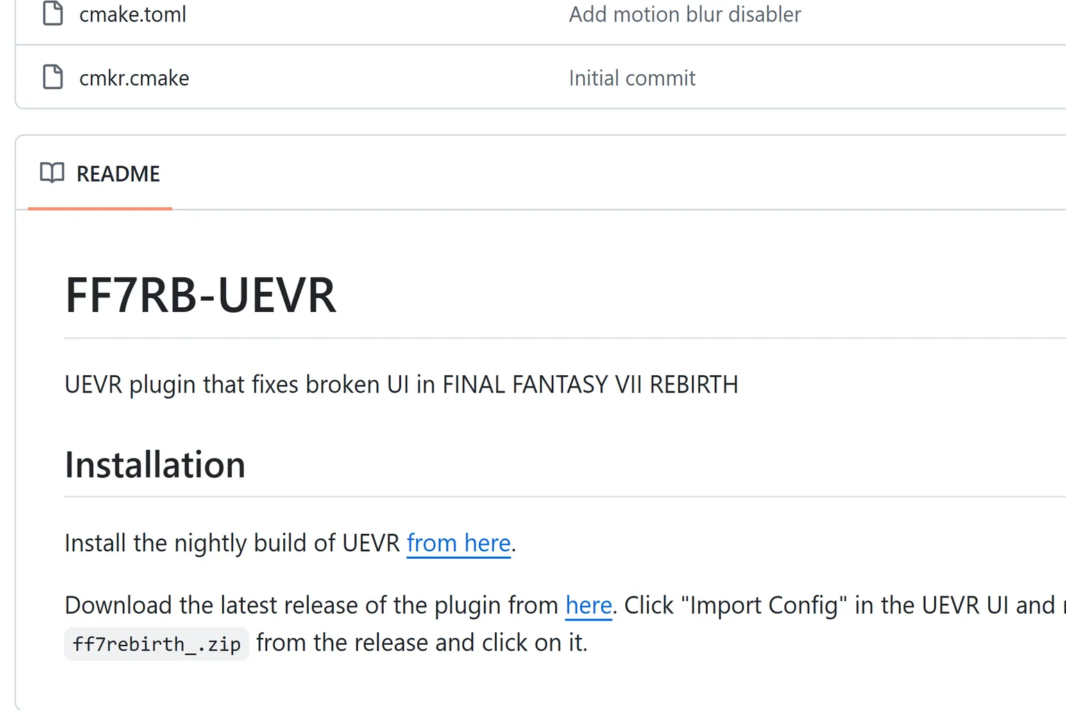 Page README du plugin FF7RB-UEVR expliquant l’installation du correctif d’interface pour FINAL FANTASY VII REBIRTH.