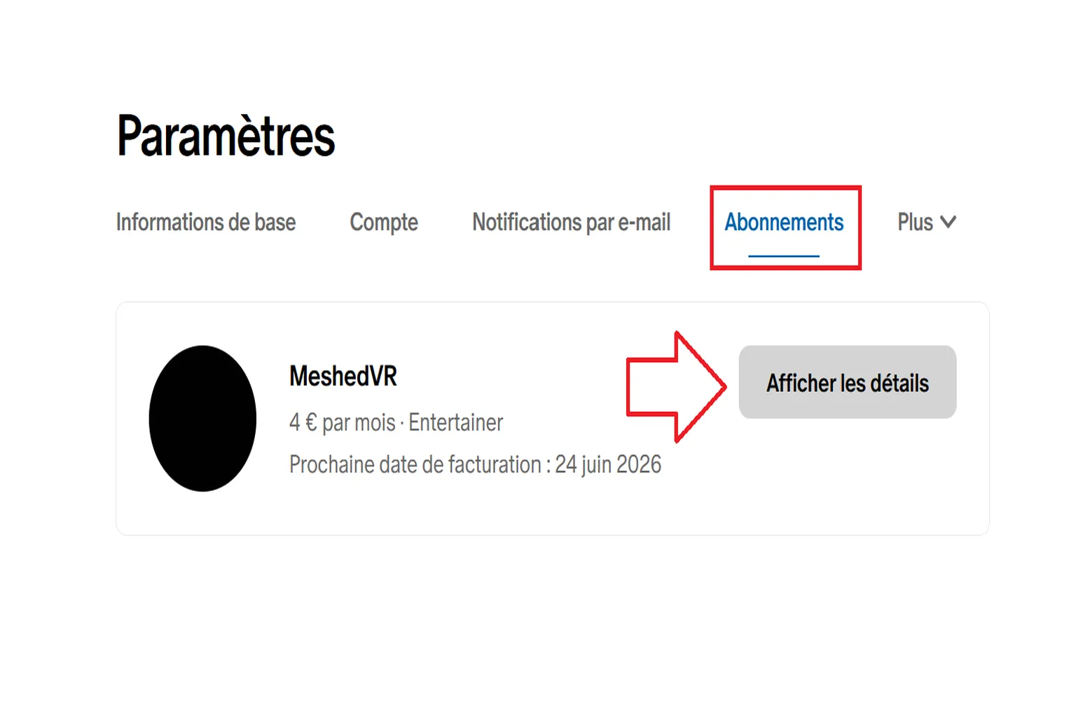 Onglet Abonnements de Patreon avec les détails de l’abonnement MeshedVR