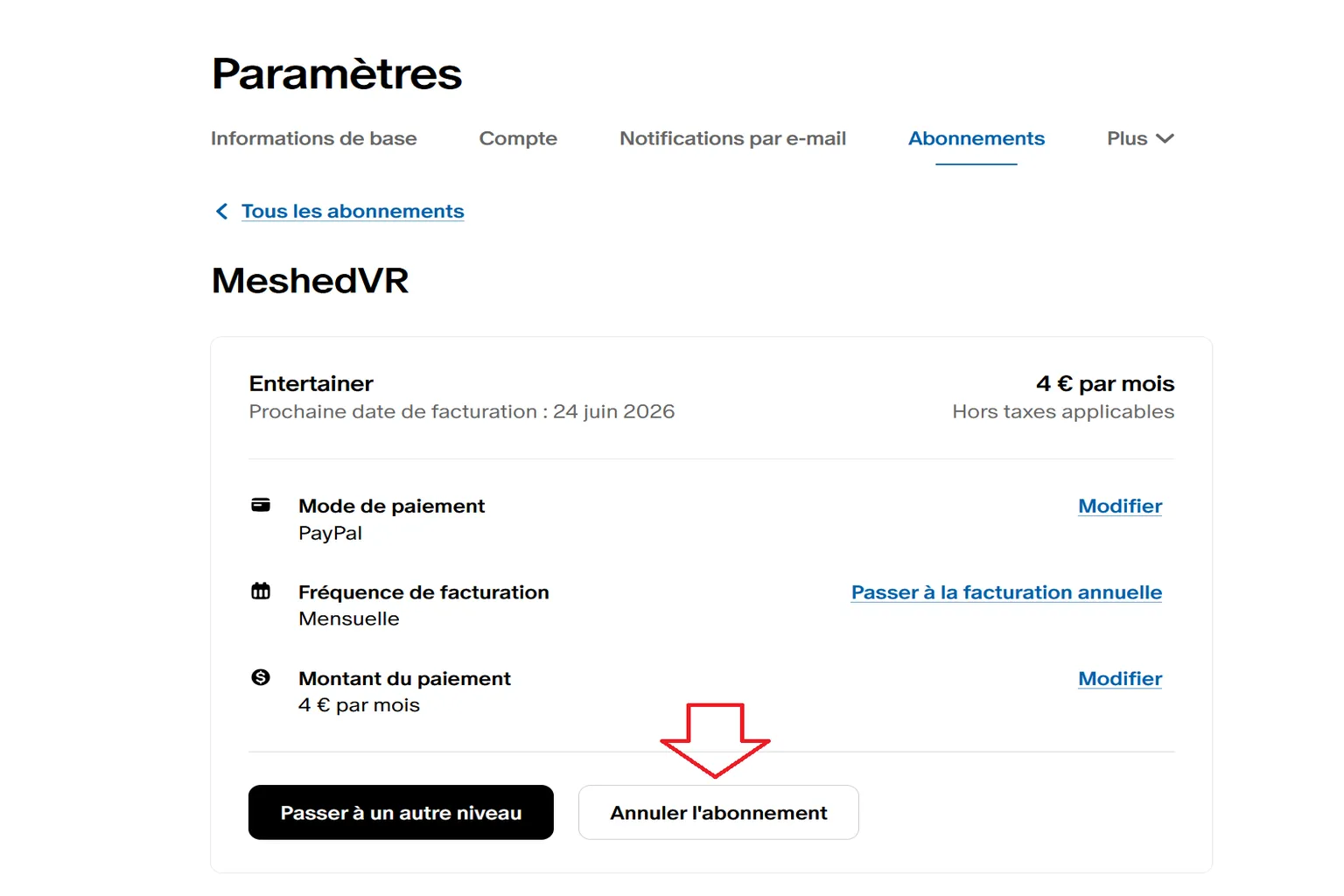 Détails de l’abonnement MeshedVR sur Patreon avec bouton d’annulation