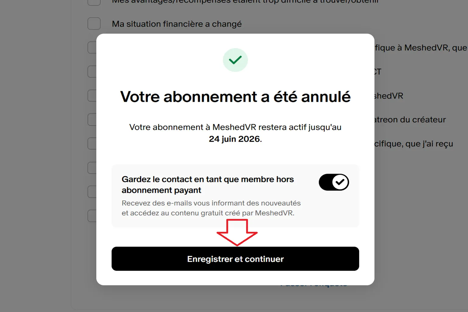 Confirmation Patreon indiquant que l’abonnement MeshedVR a été annulé