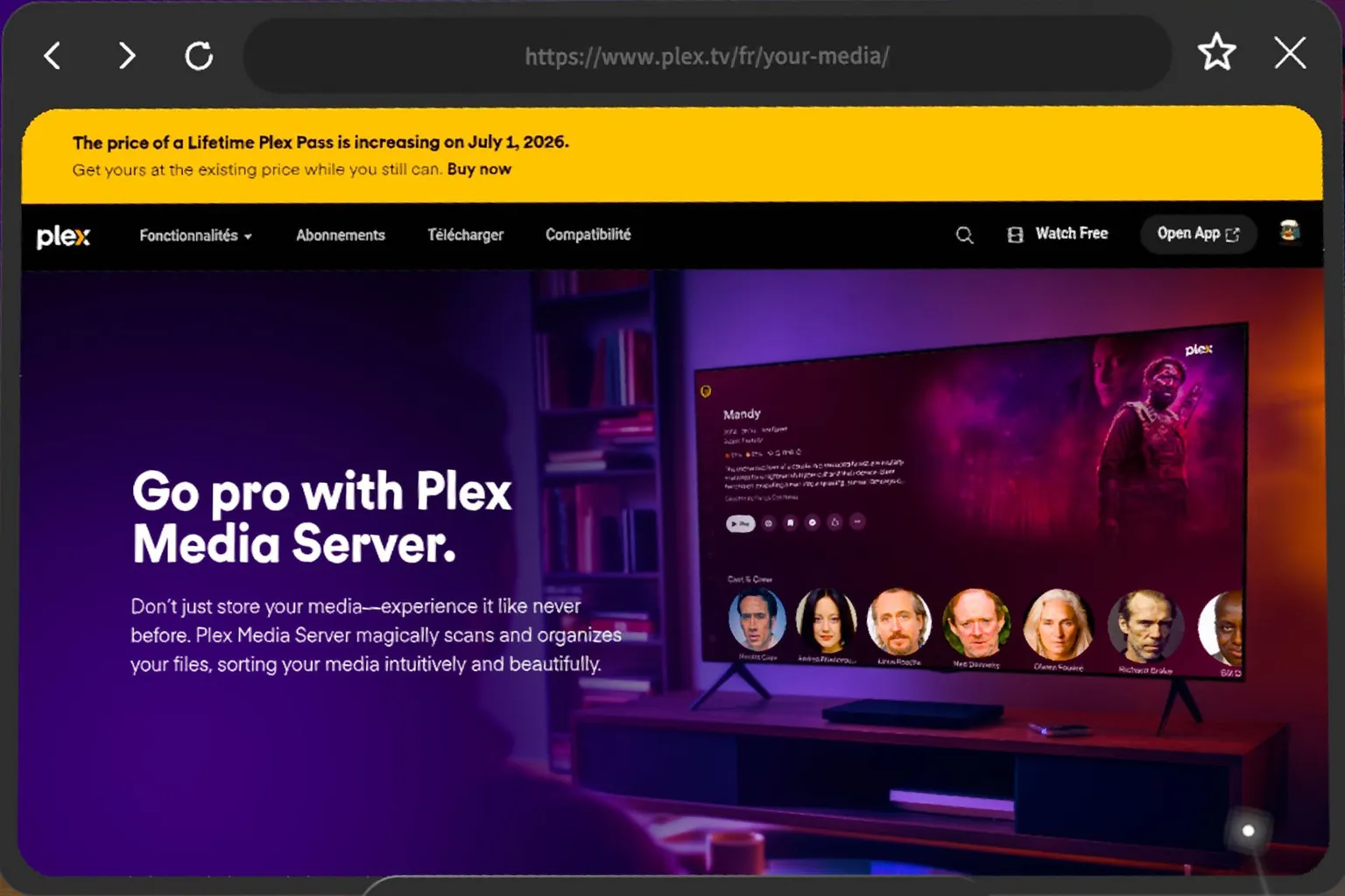 Page Plex Media Server ouverte dans le navigateur Moon VR, avec le bouton Open App en haut.