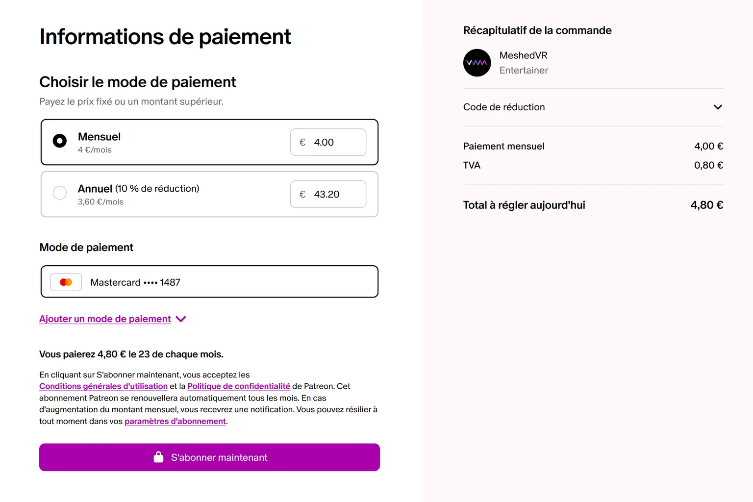 Page de paiement Patreon pour l’abonnement MeshedVR Entertainer avec TVA