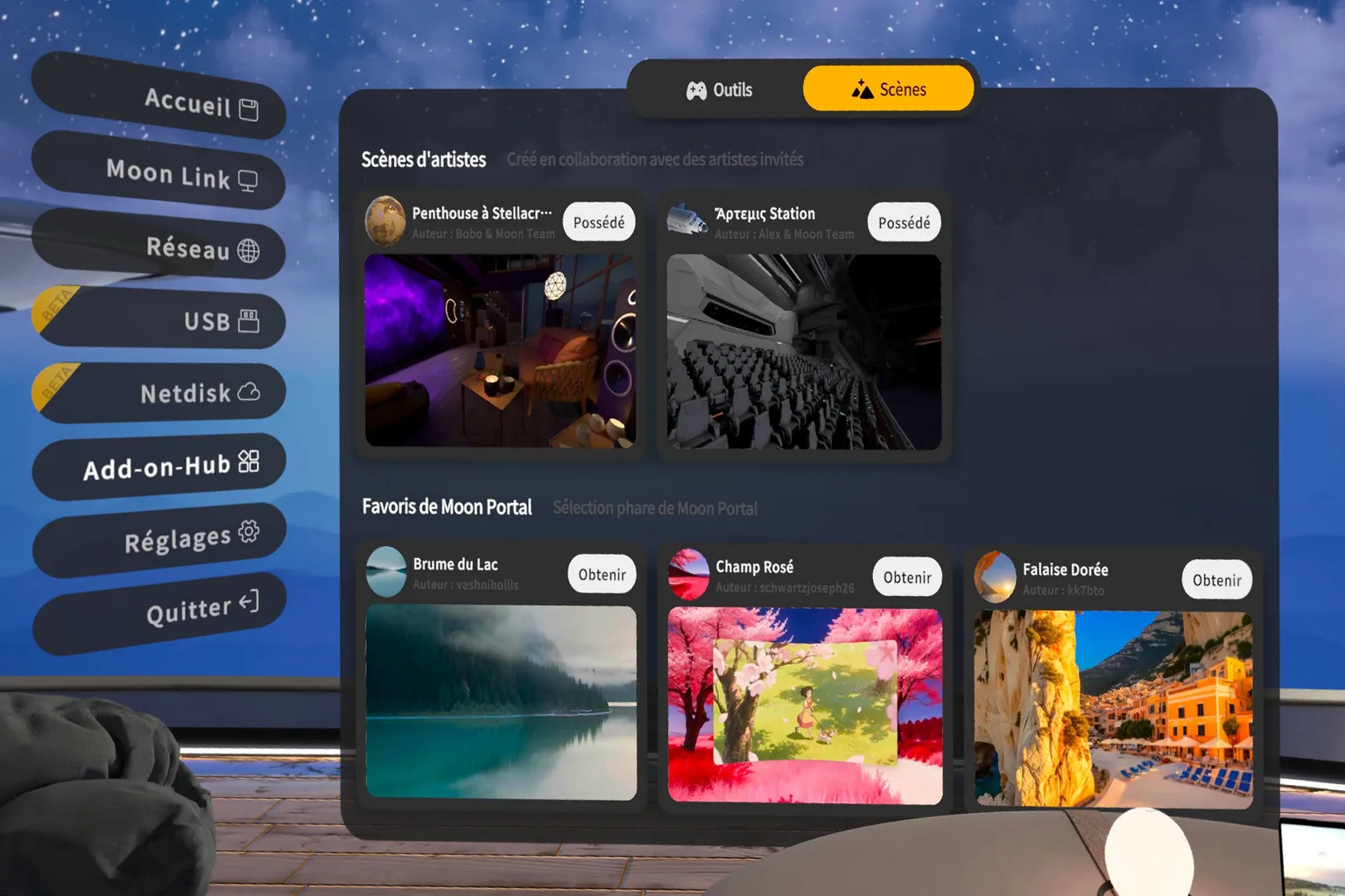 Liste des scènes additionnelles de Moon VR, avec des scènes d’artistes et des environnements Moon Portal.