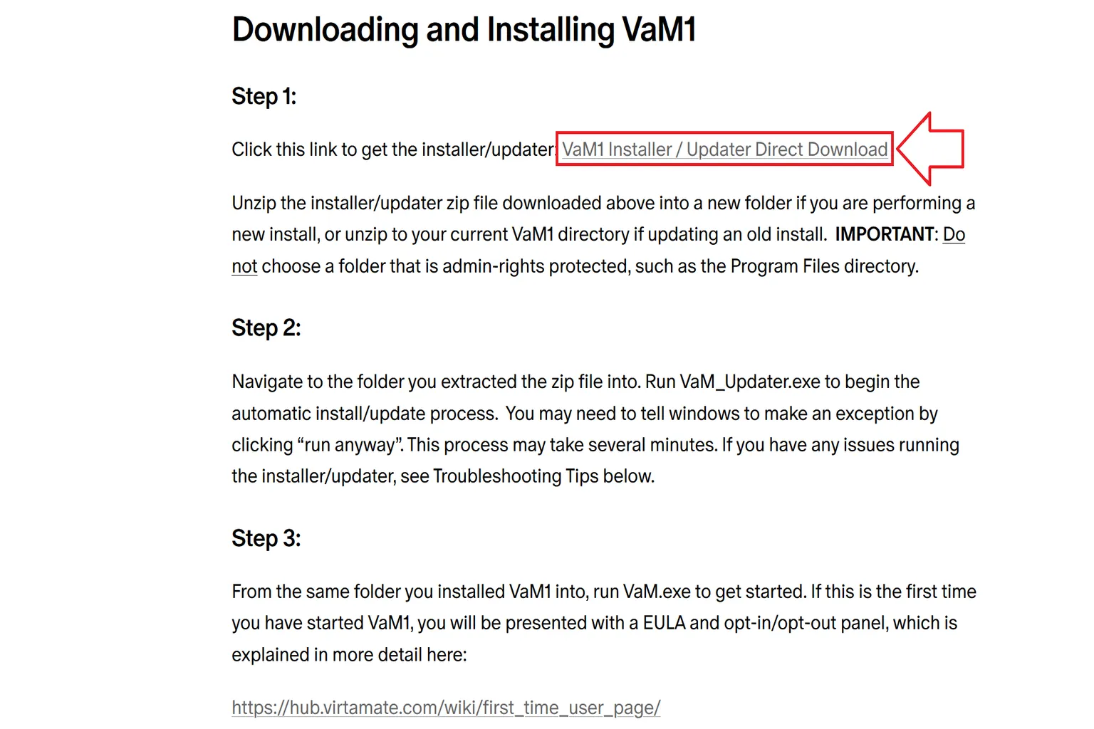 Guide d’installation VaM1 avec lien VaM1 Installer Updater Direct Download encadré