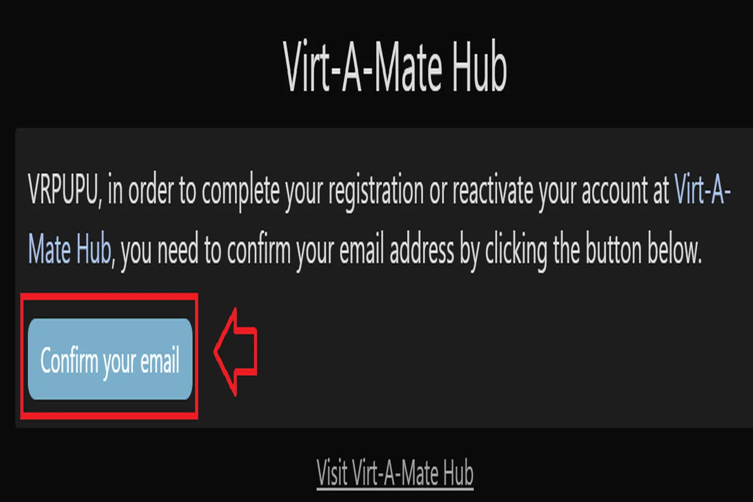E-mail de confirmation VaM Hub avec bouton Confirm your email
