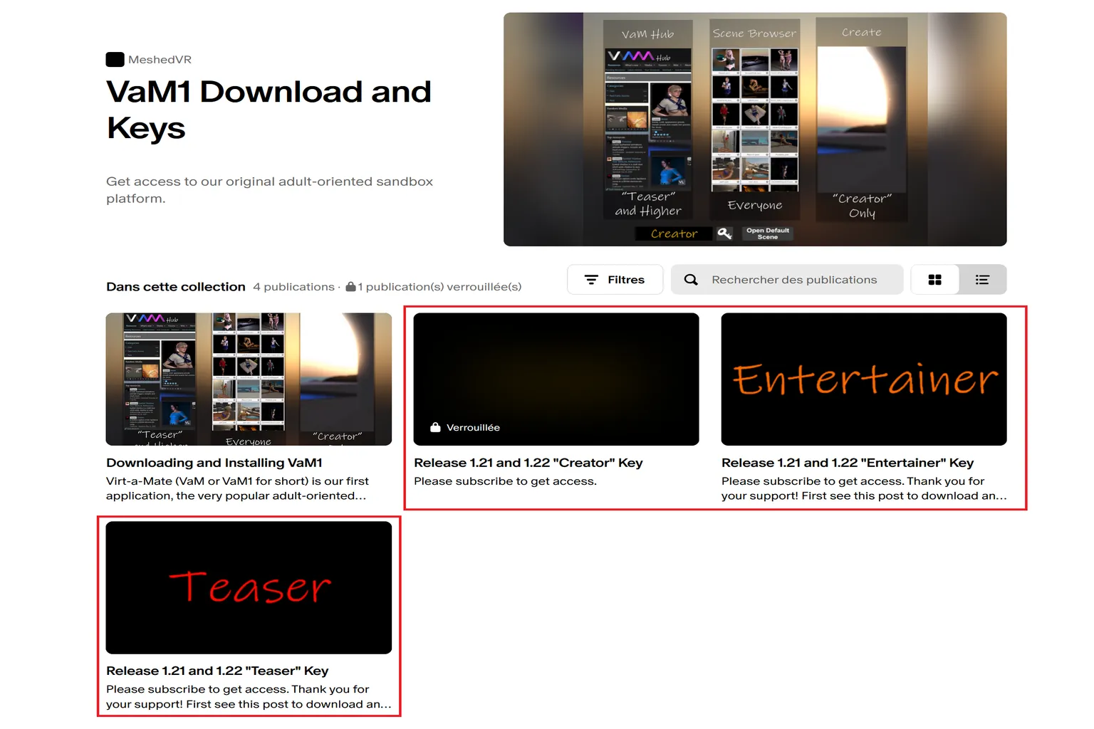 Page Patreon VaM1 Download and Keys avec publications de clés Teaser, Entertainer et Creator