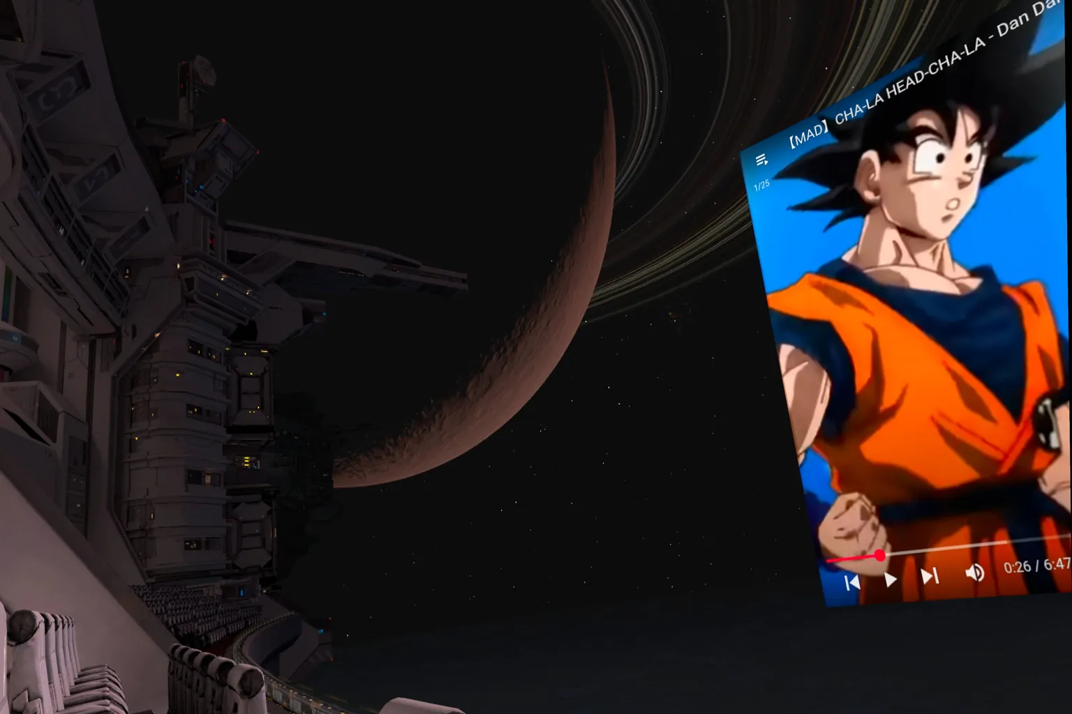Écran YouTube incliné dans une scène spatiale sombre de Moon VR, avec une planète en arrière-plan.